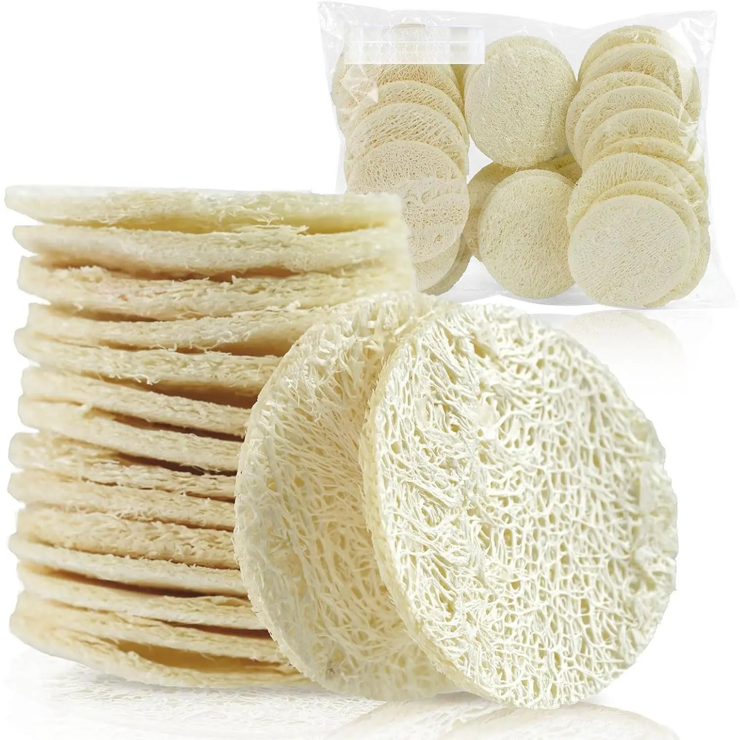 ASD 36-Piece Pure Natural Luffa Fiber Sponges & Scouring Pads Bulk Pack - Smoothing Treatment, Exfoliating Facial & Body Scrub Pads, Makeup Remover, Foam-Boosting Women's Home Care Bath Tools (Porous, Highly Absorbent)