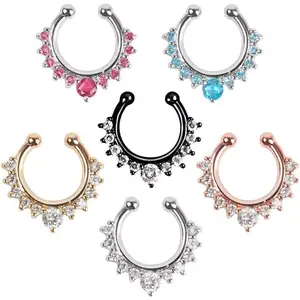 6pcs Fake Septum Clicker Nose Ring Rhinestone Non Piercing Hanger Clip Body JewelryGift