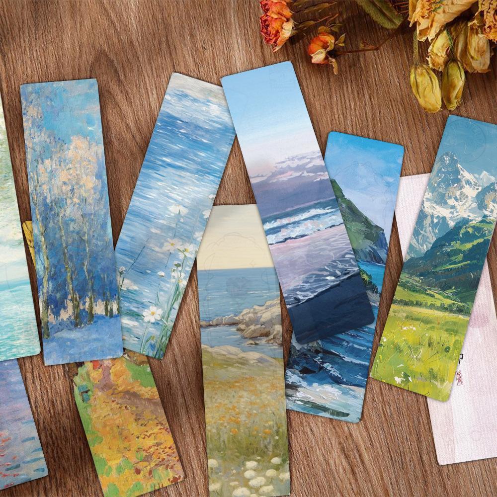 Oil Painting Landscape Pattern Bookmark, 24pcs/set Creative Paper Bookmark, Reading Bookmark for Home School Office Dormitory
