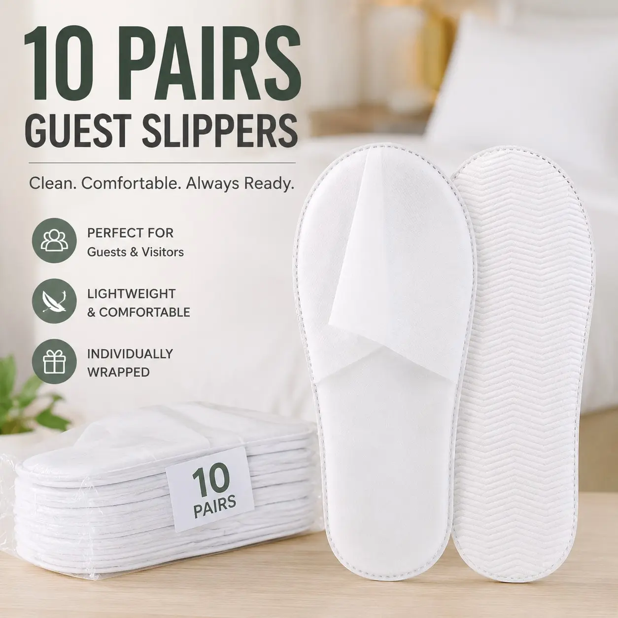10 Pairs Disposable Guest Slippers, One Size Slippers | Unisex bulk pack slippers, individually wrapped, machine washable, lightweight & portable. for home, hotel, spa and travel