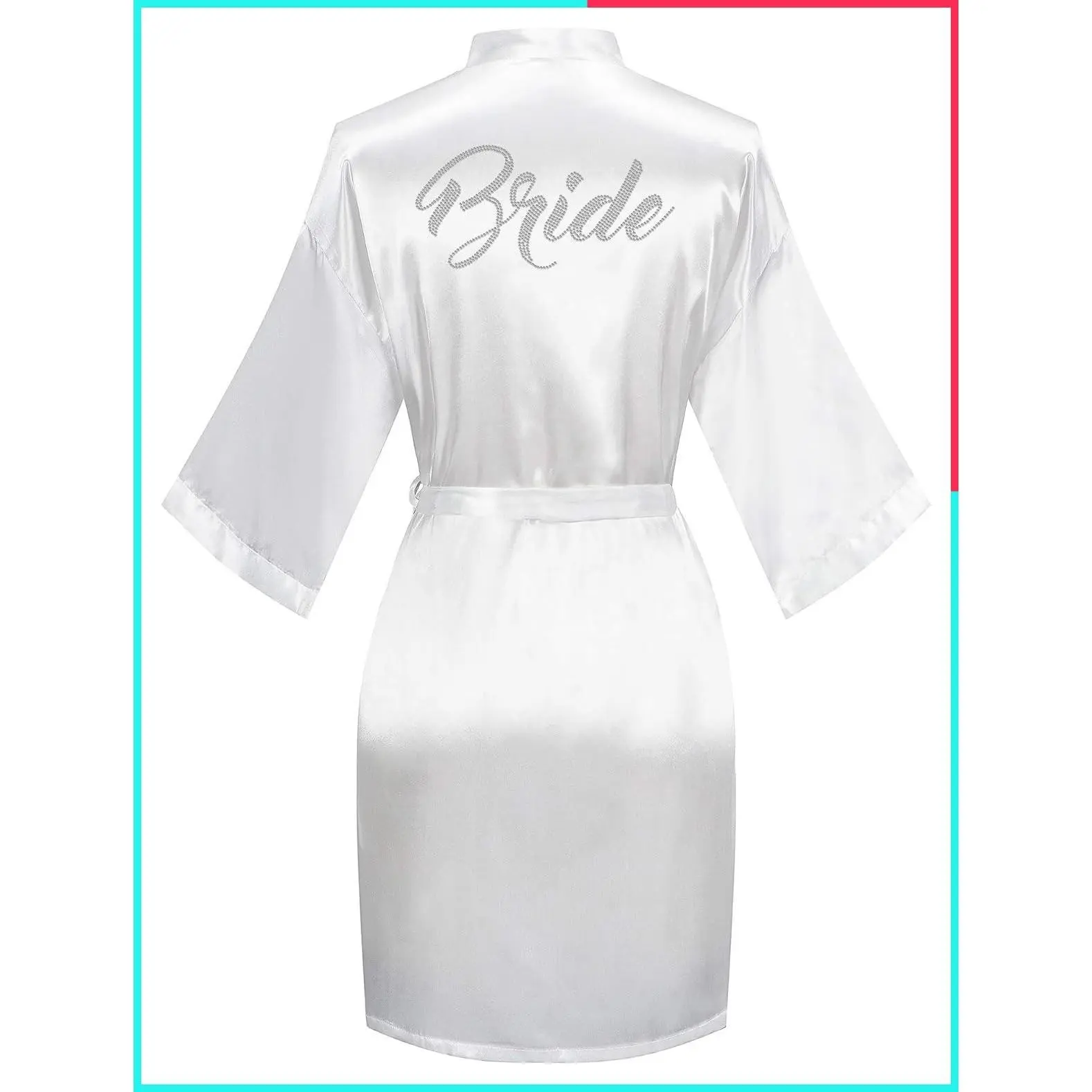 Women's Short Satin Kimono Robe with Silver Rhinestones – One Size Bridal Wedding Getting Ready Robe for Bride & Bridesmaids