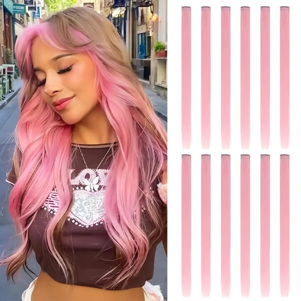 20-Inch Colored Clip-In Hair Extensions, 12-Piece Straight Synthetic Highlights for Party Looks, Light Pink for Women and Girls, Colored Hair Extensions, Clip Hair Extensions