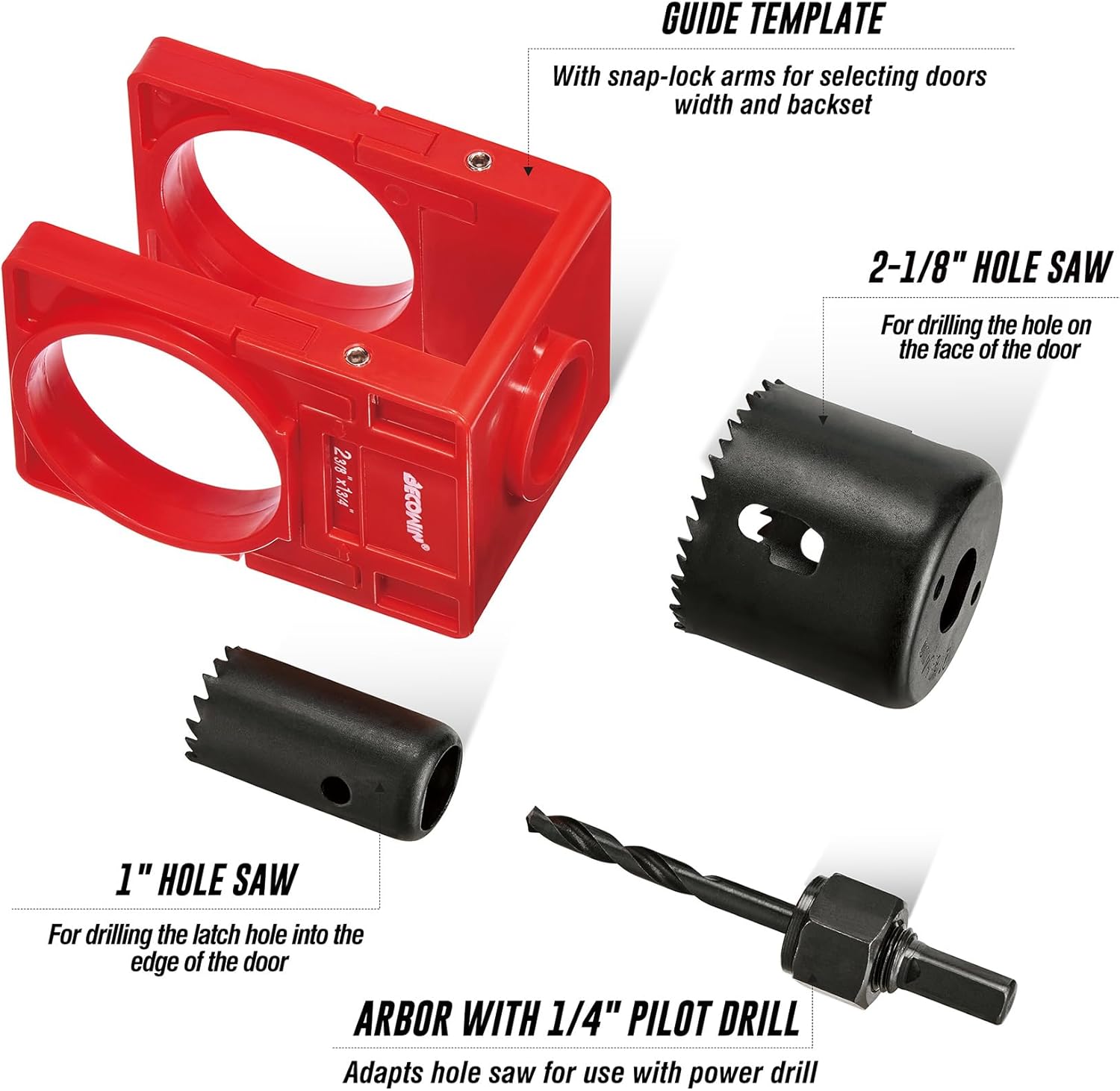 /8" - /4" Door Lock Installation Set with Guide Template, Door Lock Hole  Kit ldeal for Wooden Doors, Red