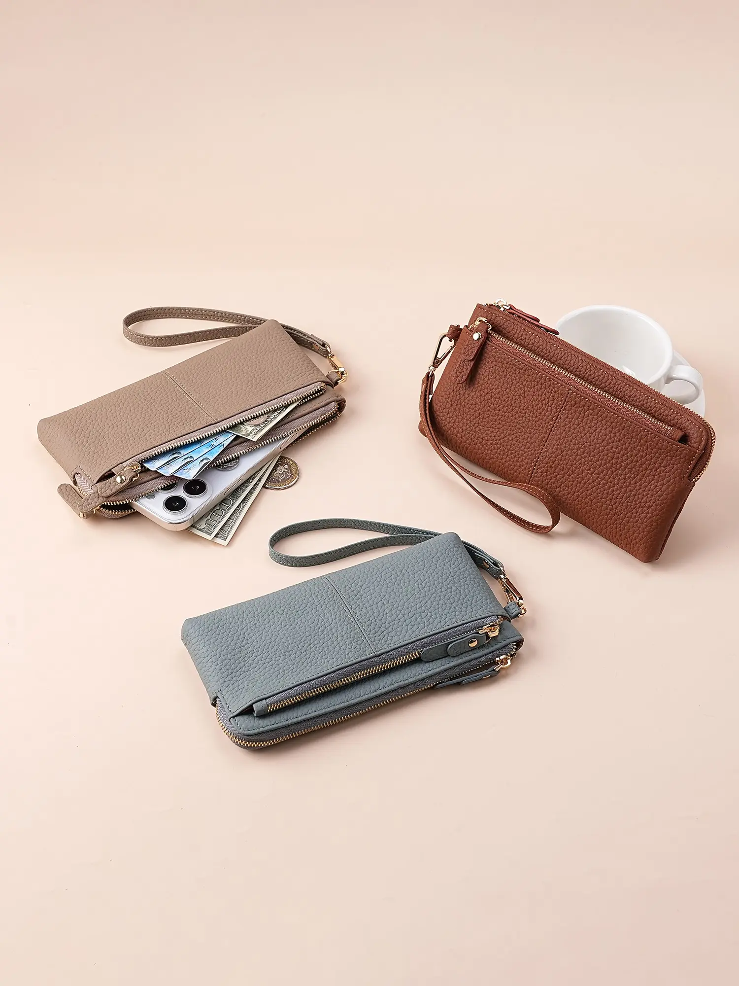 Genuine Pebbled Leather Wristlet for Women, Long Clutch Wallet with Removable Wrist Strap, Large Capacity Phone Wallet with 3 Zippered Compartments, Top-Grain Handbag for Travel Party Evening, Perfect Gift