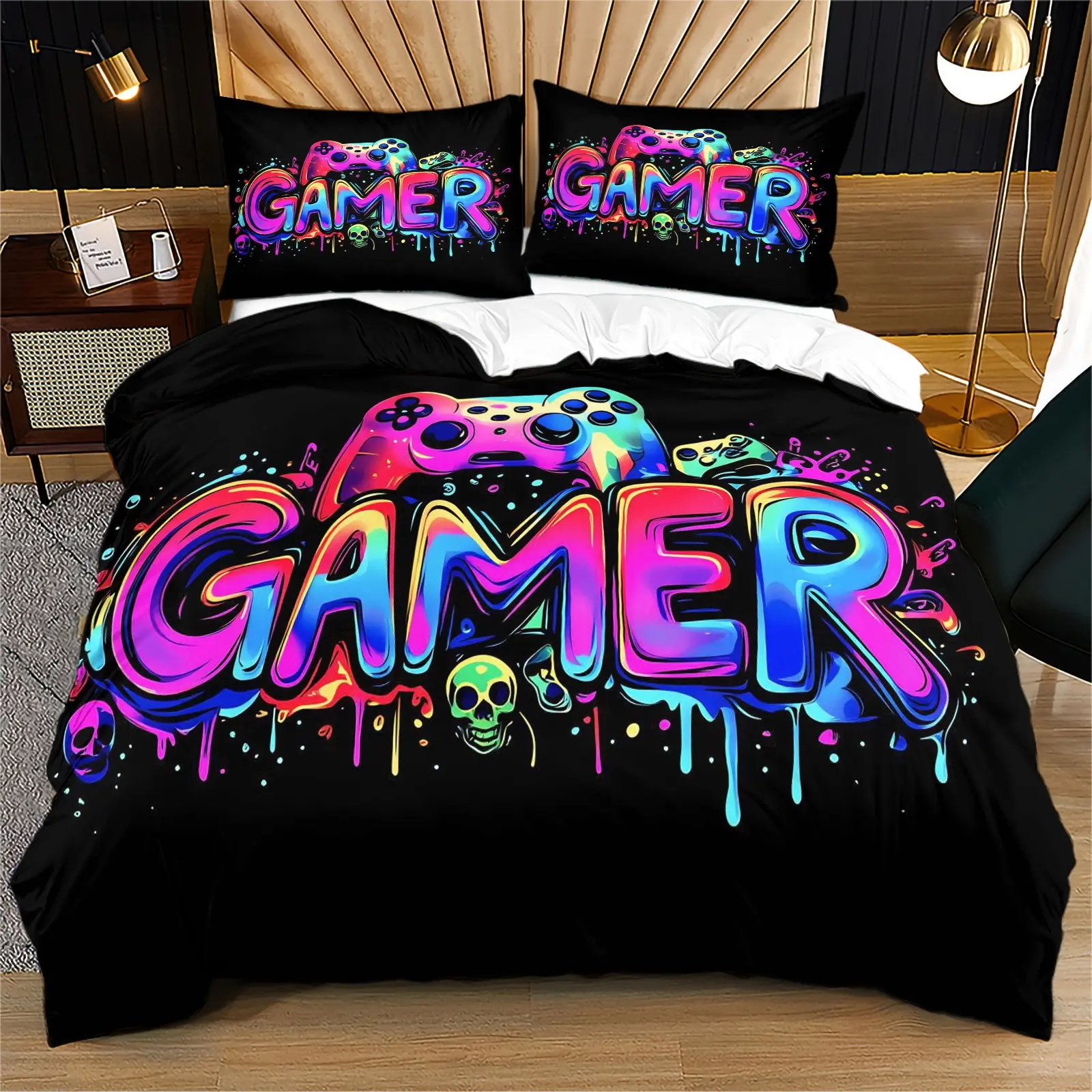 Neon Splash Gamer Letter & Gamepad Full Print Bedding Set, 1 Duvet Cover & 1/2 Pillowcases, Street Graffiti Gaming Duvet for Boys