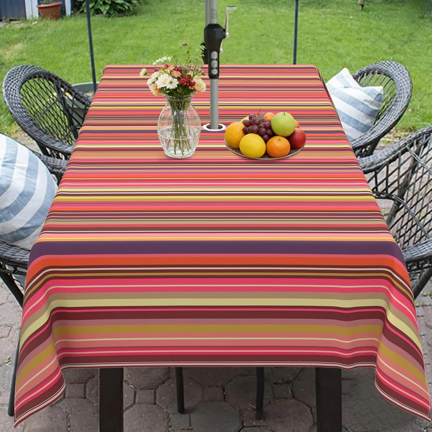 Outdoor Tablecloth with Umbrella Hole and Zipper, Colorful Striped Table Cloth Rectangle 60×84 Inch  Fade Resistant Patio Table Cover for Spring Summer Garden Picnic Dinner