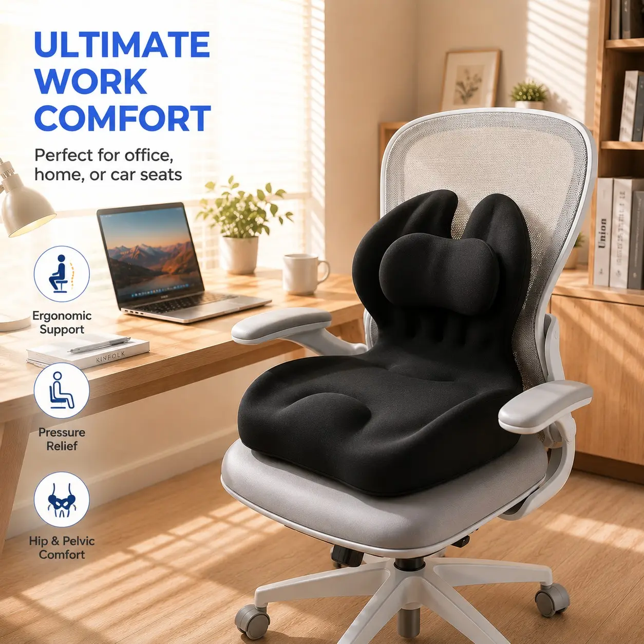 Ergonomic Memory Foam Seat Cushion, Adjustable Height Back Support Pad, Breathable Comfort Chair Pad for Office, Car, Truck, Home Use