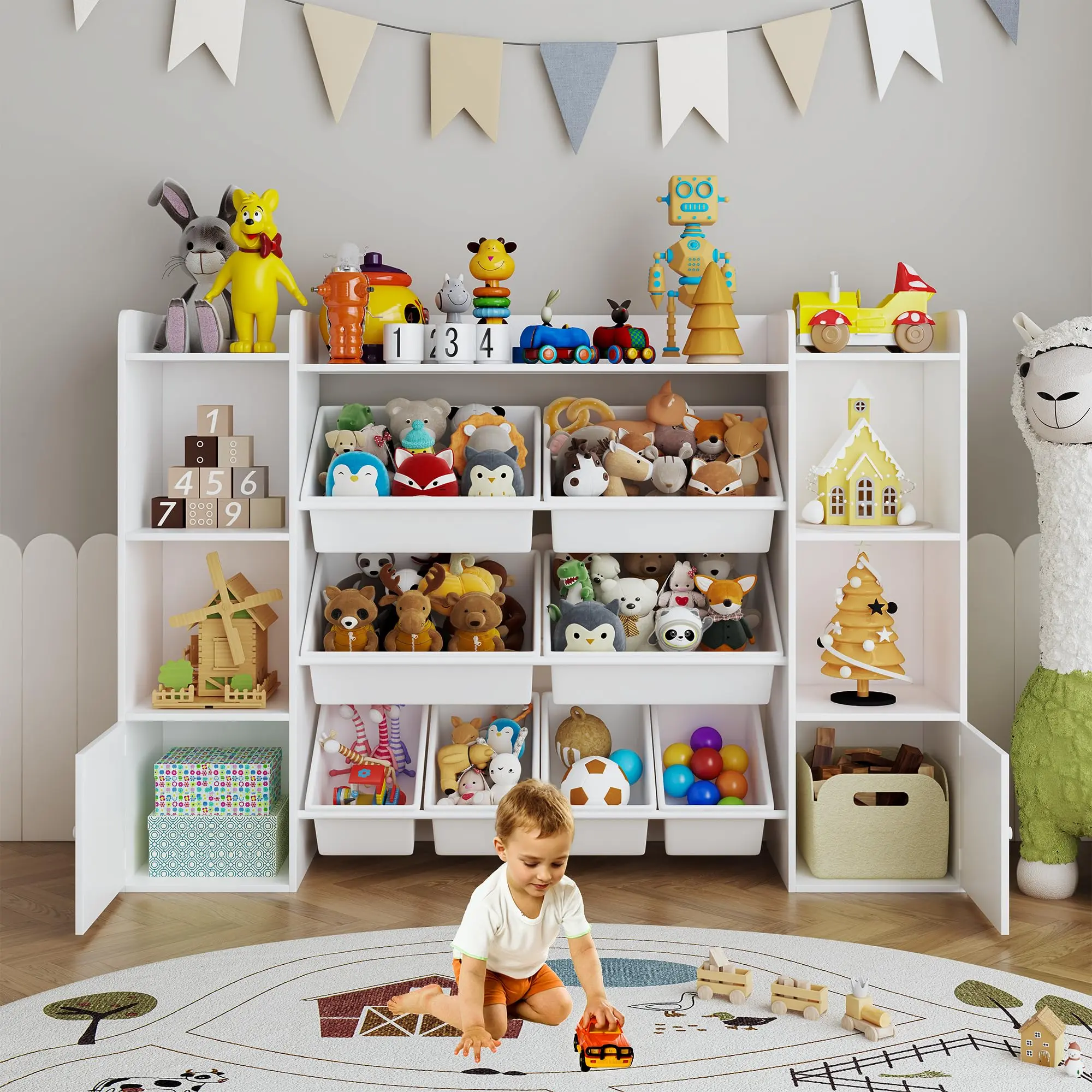 White Spacious Kids Toy Storage Bookshelf - Toddler/Nursery Bookshelf with 8 Detachable Bins, 6 Cubbies, Organize Rack for Playrooms, Bedrooms (Home Organizer Room Accessories)