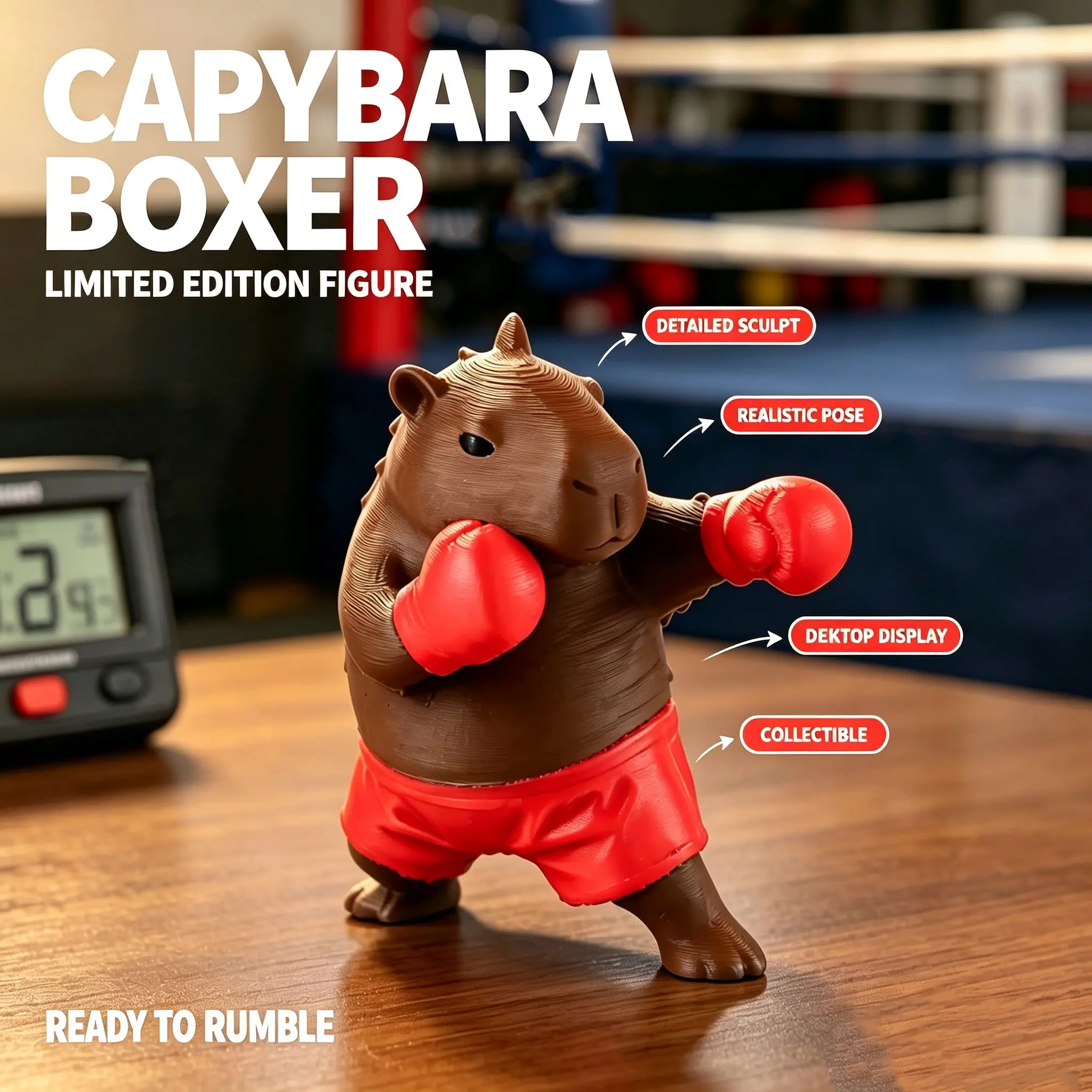 3D printed capybara boxing desktop ornament, featuring a three-color boxing glove and shorts set; a perfect decorative piece for your office desk, study, or car; a quirky Christmas, Thanksgiving, or birthday gift.