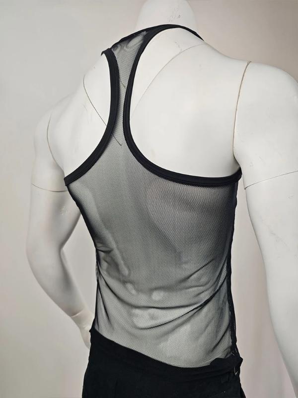 Kyn Apparel Men's Sexy Mesh Sports Tank Tops Chic Hollw Out O Neck Sleeveless T-shirt Breathable Solid Color Crop Vests Summer Fitness Tops