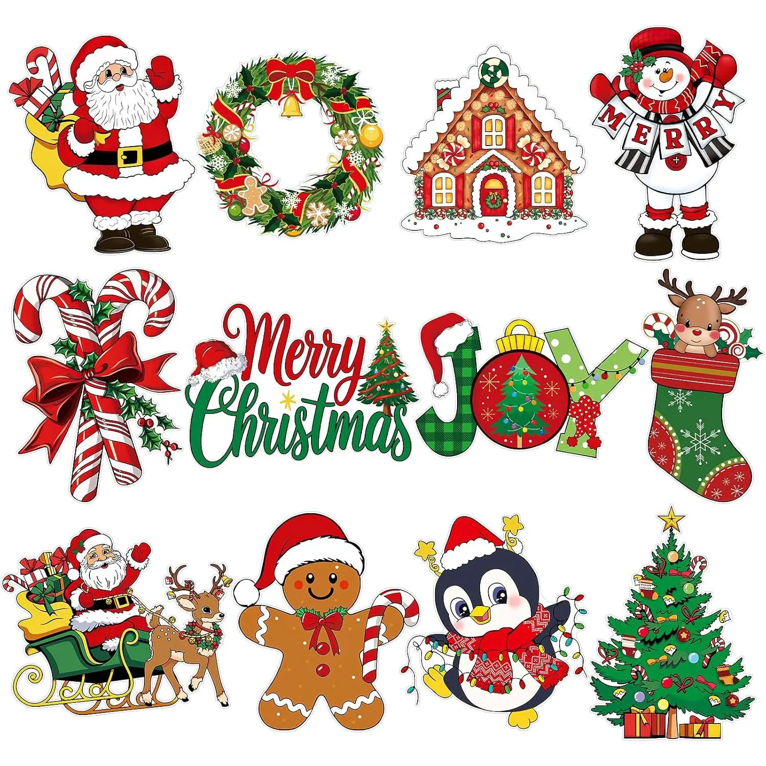 Large 11"x14"  Christmas Cutouts Decorations Cardboard Cutout Set of 12,  Christmas Red and Green Paper Cut Outs Party Decoration Indoor Outdoor, Retro Paper Xmas Cutouts Wall Decor
