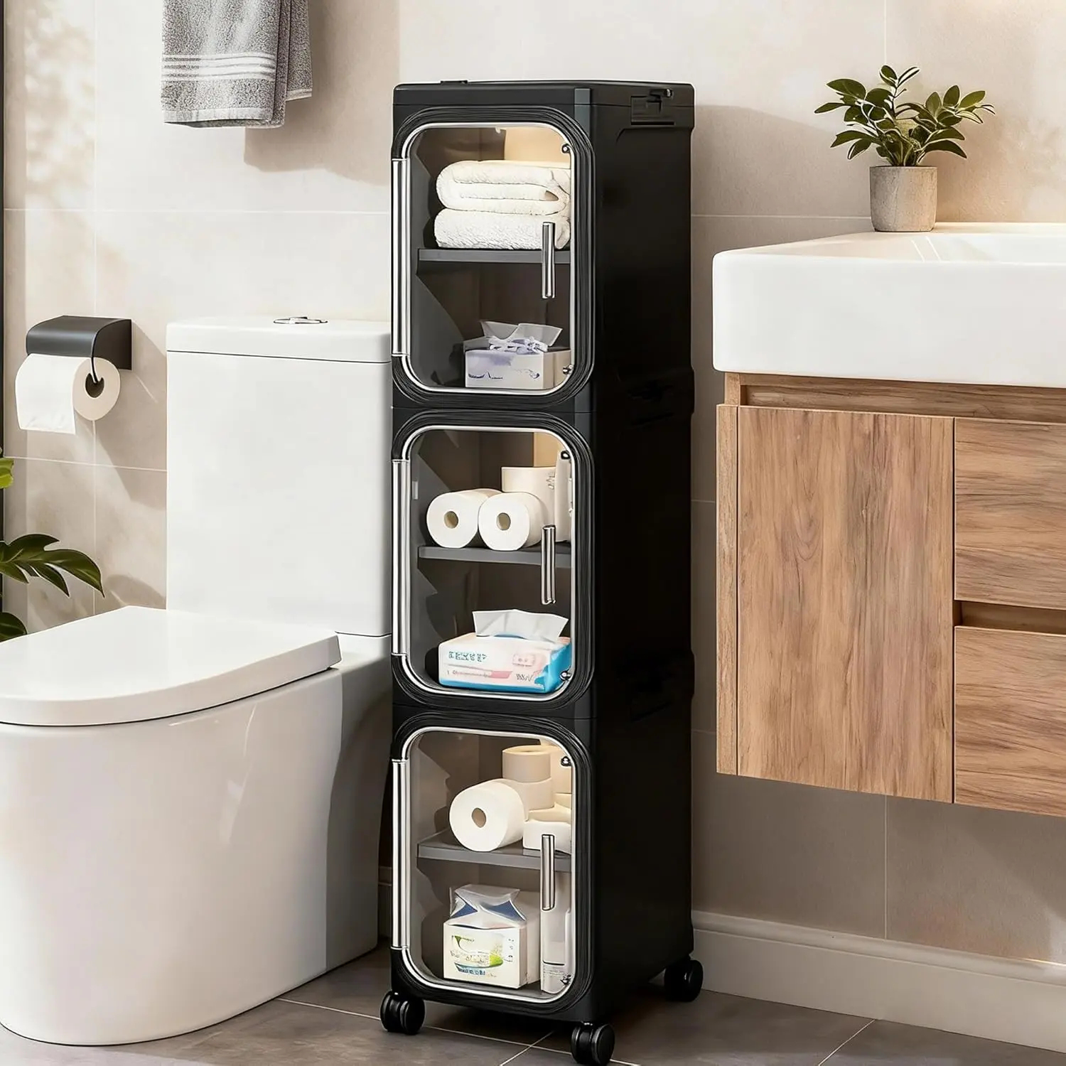 4-Tier Rectangular Rolling Slim Storage Cabinet with Wheels, Adjustable Shelf Rack, Rolling Cart Organization for Bathroom, Multiple Levels Storage Bins with Lids for Home Organization, Rolling Wheel