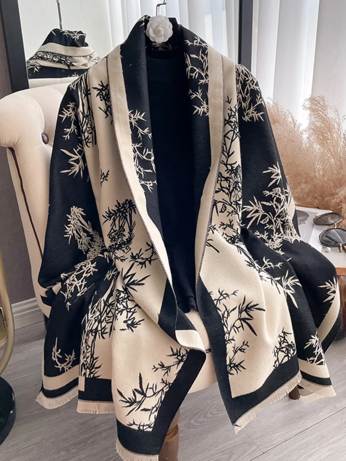 Women's Boho Plant Pattern Scarf, Faux Cashmere Winter Shawl, Thickened Fall & Winter Accessory, Casual Daily Wear Warm Wrap, Soft Warm Shawl