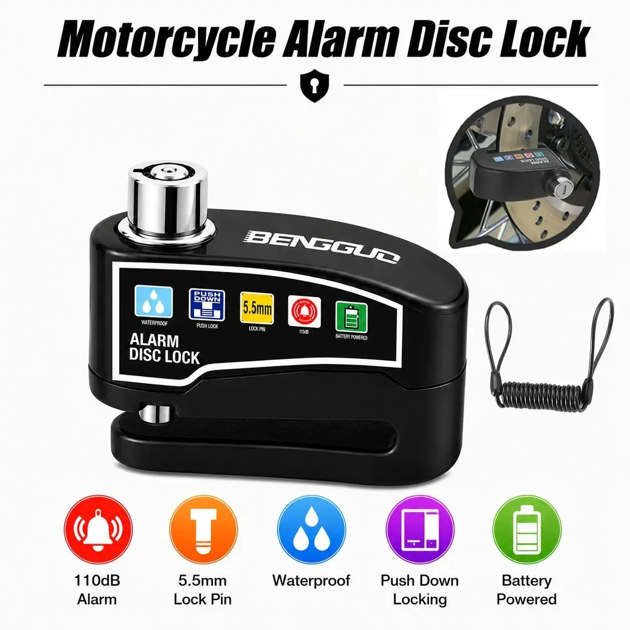 oein Loud Bike Security Lock, Disc Brake Lock, Top-Quality Motorcycle Lock, 110Db Alarm System, Vibration And Motion Detection, Expert Anti-Theft Features, User-Friendly And Portable, IP65 Rated