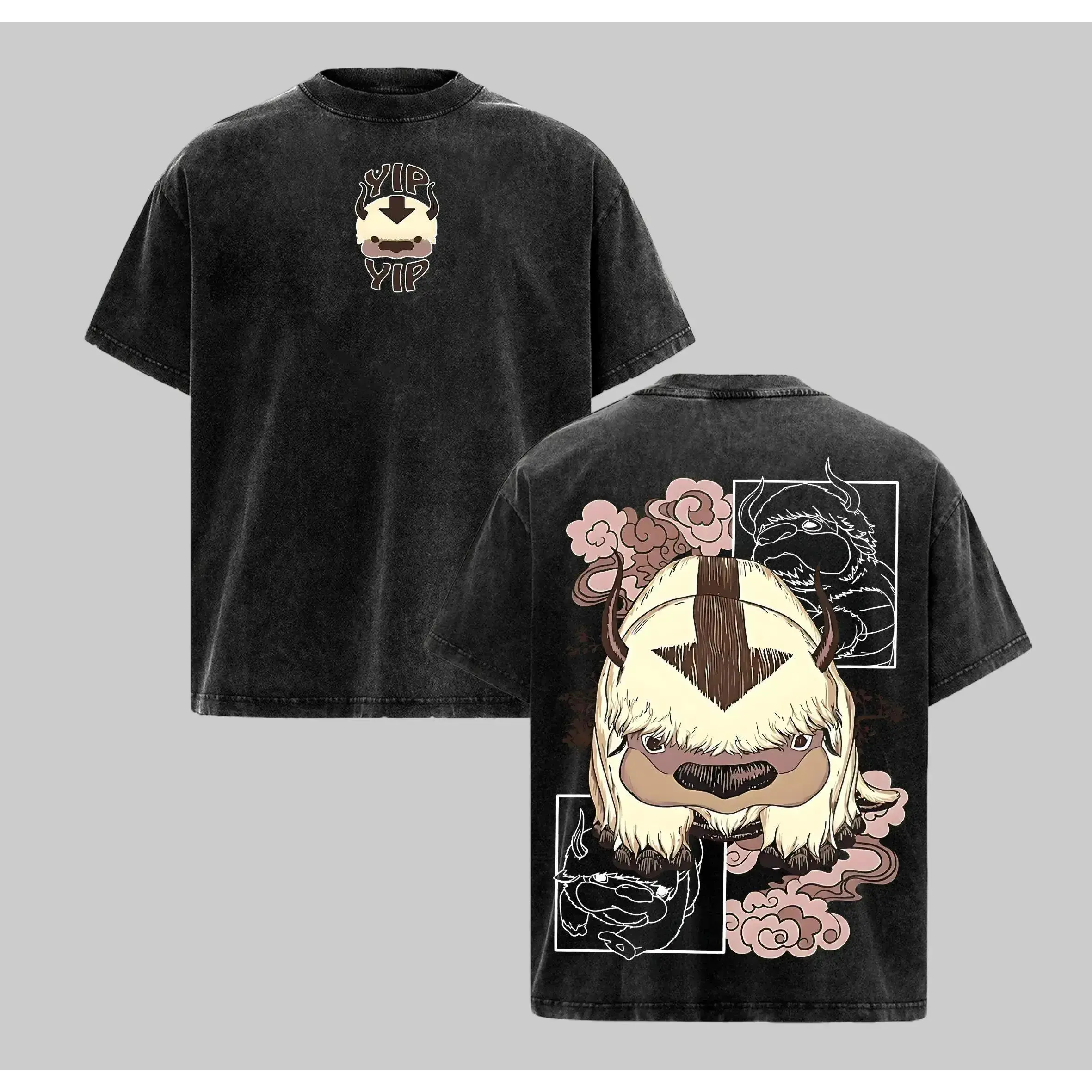 Vintage Washed Appa Graphic T-Shirt Avatar The Last Airbender Oversized Streetwear Tee Yip Yip Anime Front Back Print Short Sleeve Top for Men Women