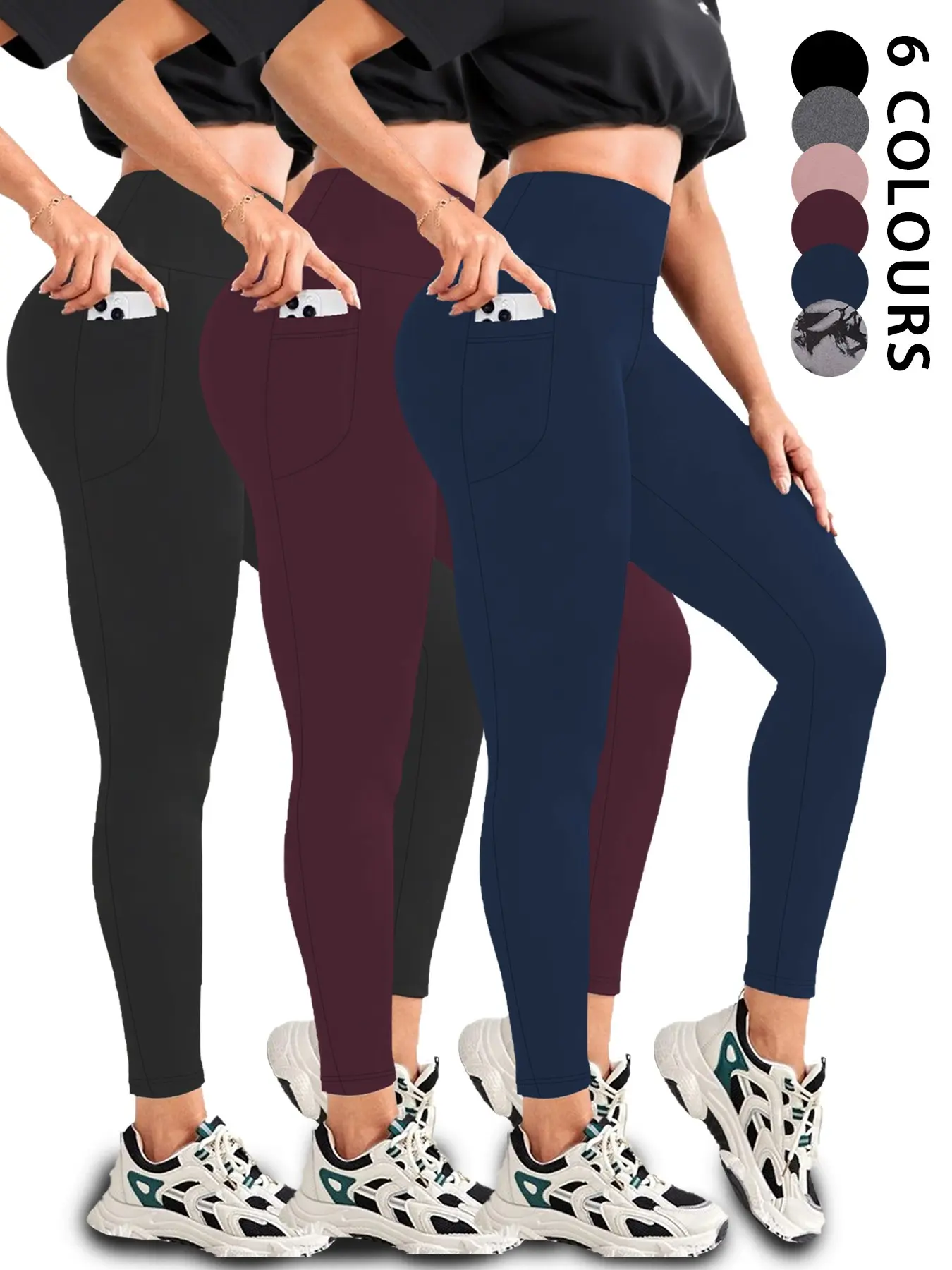 3 Pack Super Soft Leggings with Pockets for Women, High Waisted Tummy Control, Sporty Plain Design, All Seasons Wear