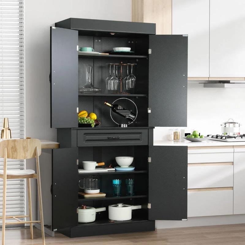 71'' Tall Hallway & Study Storage Cupboard - Black Modern 2-Door Kitchen Pantry with Drawer & Adjustable Shelves