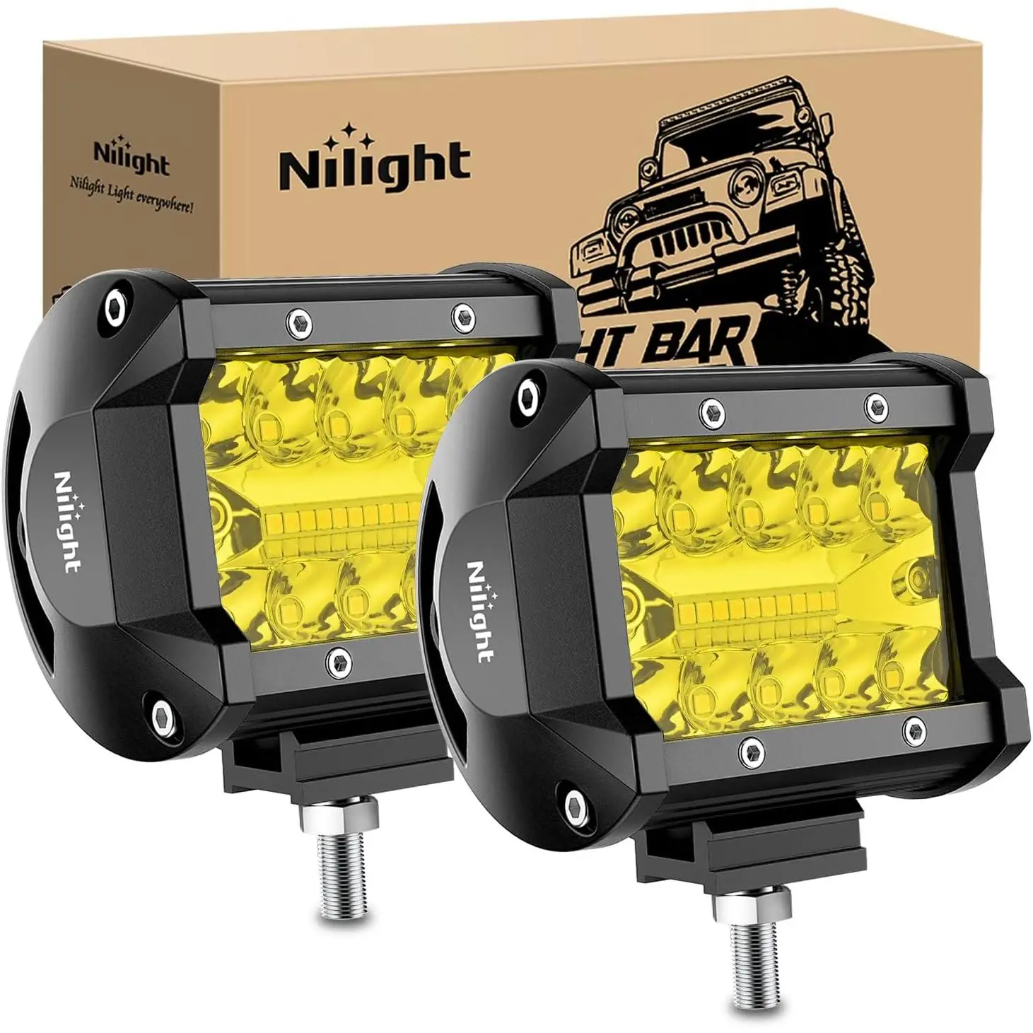 Nilight 4-Inch Yellow LED Light Pods (2PCS), 60W Triple Row Flood-Spot Combo Offroad Lights, 12V-24V for Pickup Trucks, ATVs, Boats, Night Ride Use, 6063 Aluminum Profile Construction, Automotive Car Light, Bright Led