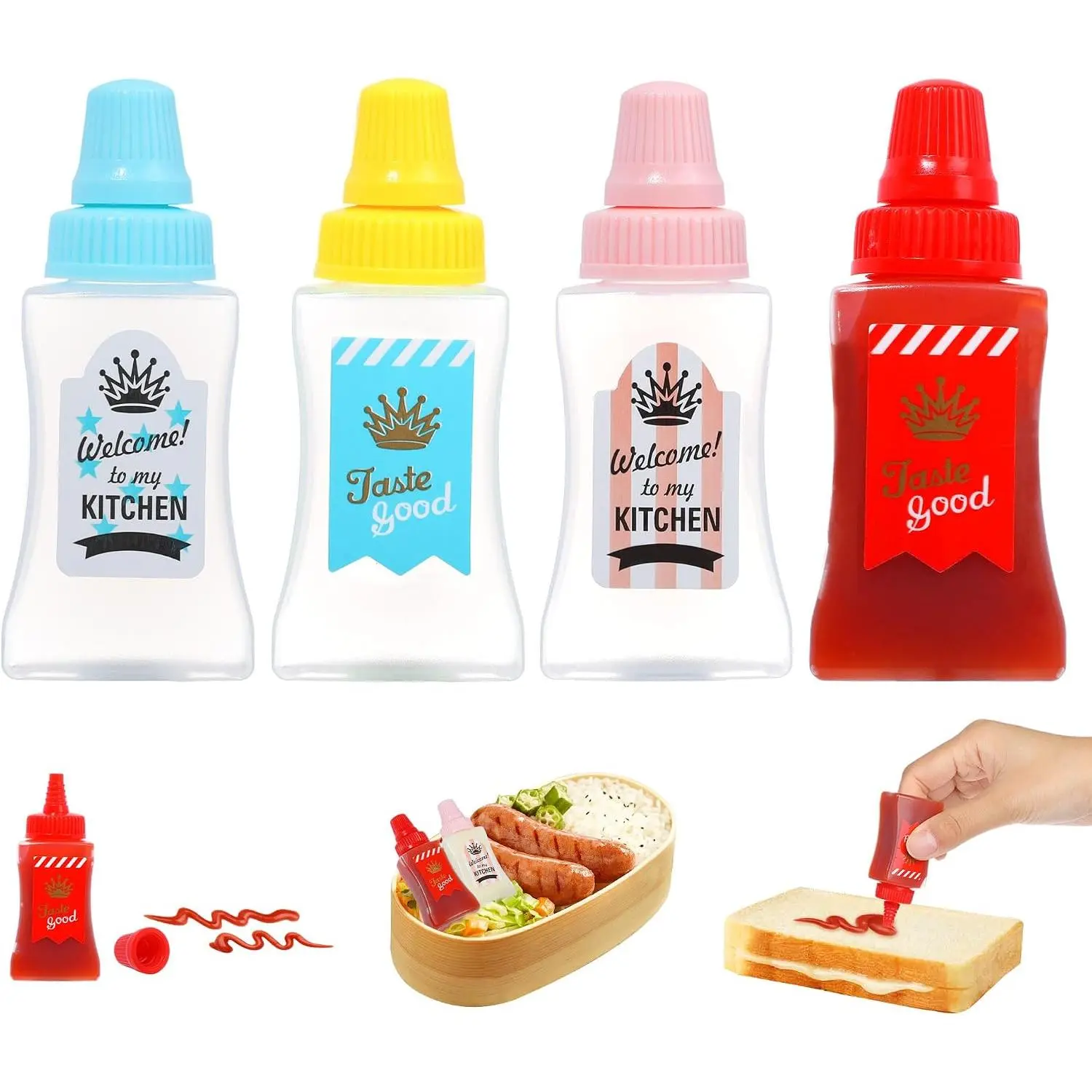 4 count Mini Ketchup Bottle for Lunch Box, Small Condiment Squeeze Bottles Plastic Sauce Containers for Bento Lunch Accessories, Empty Bento Box Accessories for Lunches, 1 oz