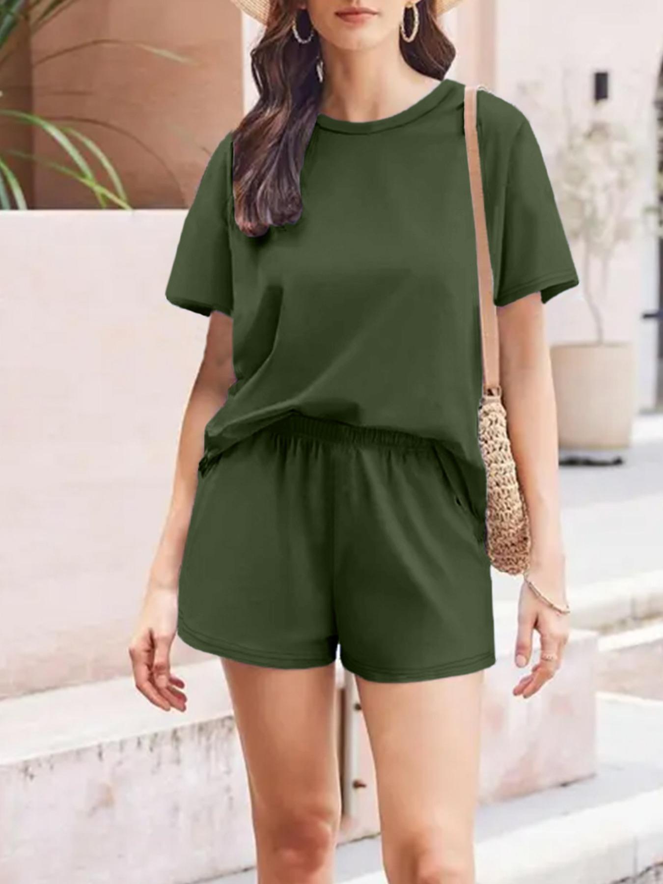 Women's Solid Color Fitted Tee & Lounge Shorts Two-piece Set, Casual Round Neck Short Sleeve T-shirt & Shorts Loungewear Set for Summer, Ladies Clothes for Daily Wear, Going Out Sets, Outfits, Womenswear