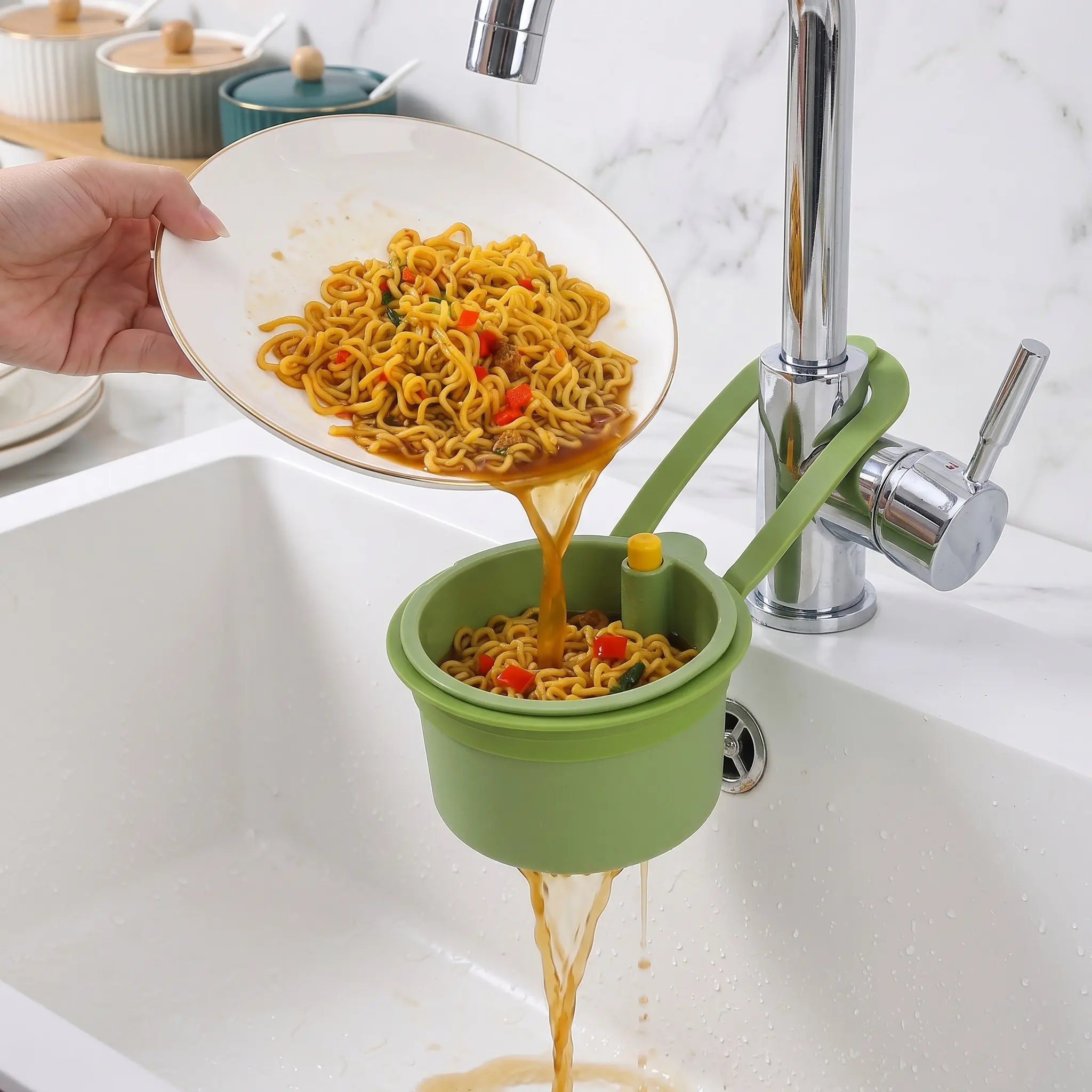 Multi-Function Hanging Kitchen Sink Basket with Button Drain and Storage Design, Easy One-Second Installation, Durable Plastic for Kitchen and Bathroom Organization, Hangable Filter, Kitchen Sink Strainer-YY1