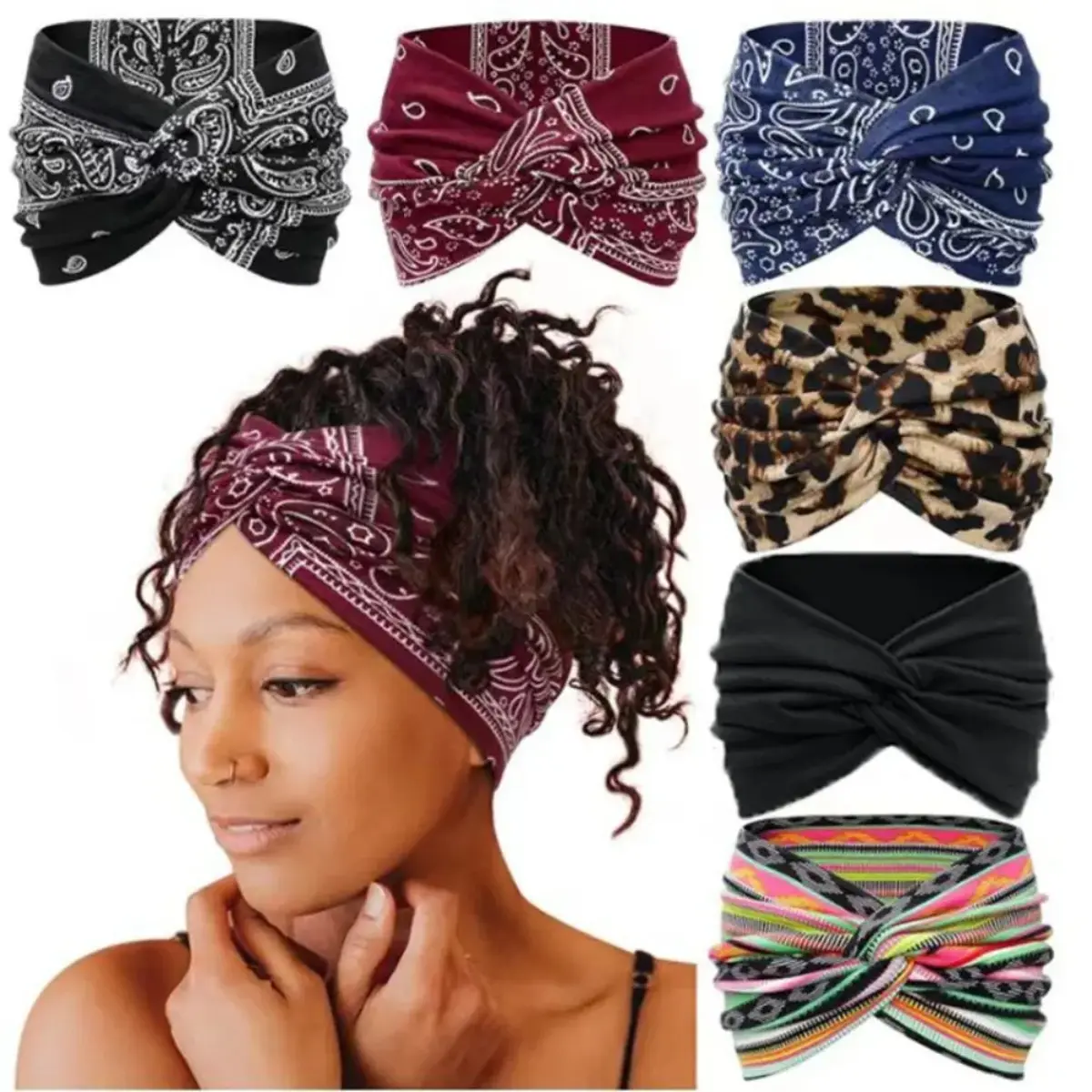 6-Pack Headbands for Women, Wide Plain Satin & Boho Floral Styles, Elastic Hair Securing for Sports & Daily Wear, Elastic Bands, Tencel, Elastic Fashion Headbands, Workout Hairband