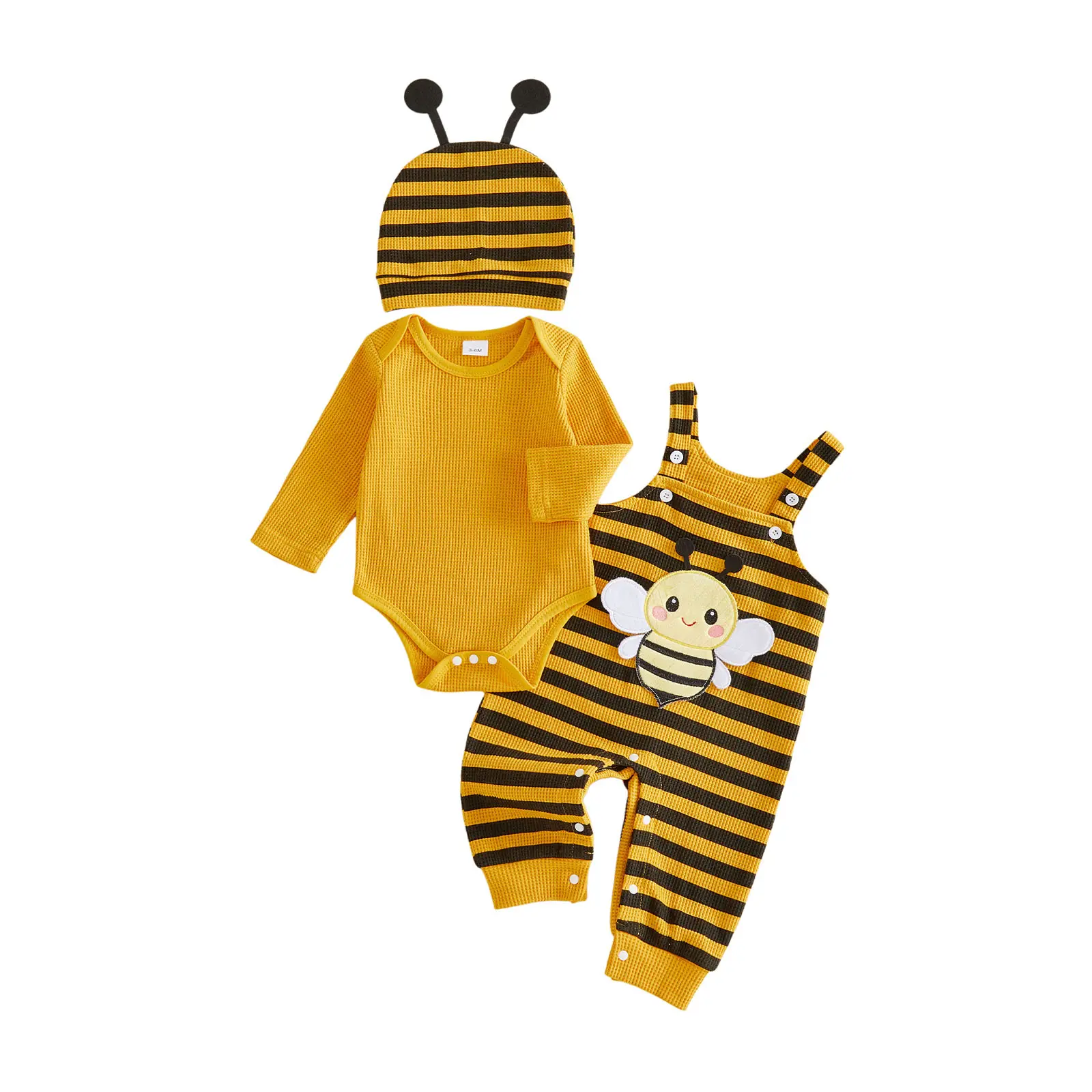 3 Pieces Baby Insect Halloween Costume Knit Long Sleeve Bodysuit Ladybug Bee Suspender Overalls with Antenna Hat Halloween Party Cosplay Outfit