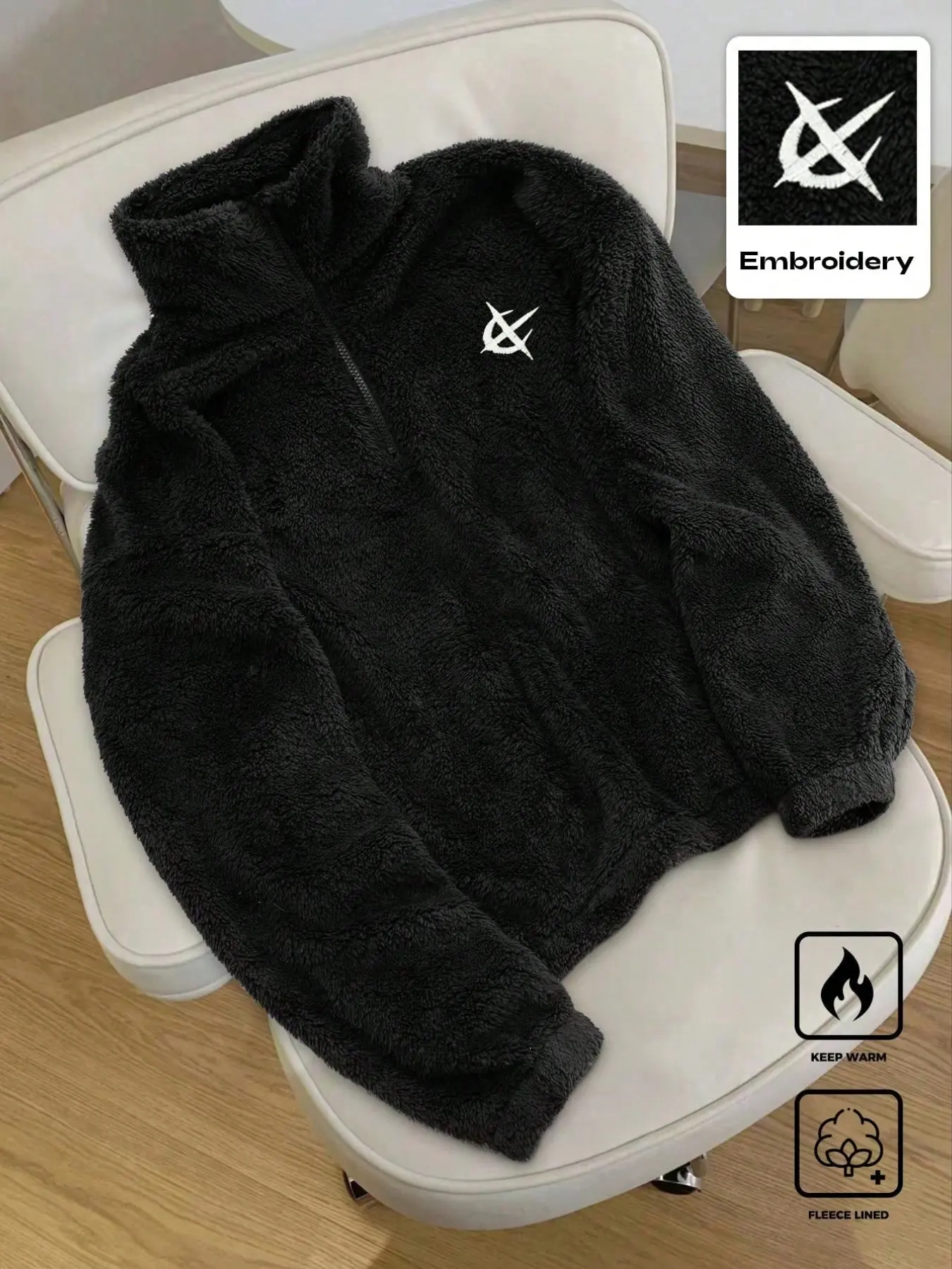 Men's Black Zip-Up Fleece Jacket, Minimalist Gothic Cross Embroidery Stand Collar Warm Top, Long Sleeve, Suitable For Winter Street Daily Casual Outfits