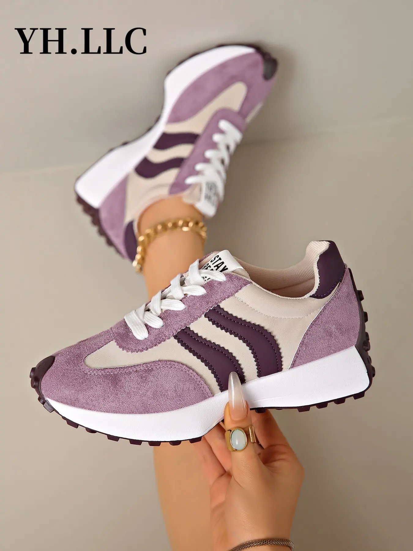 Women's Casual Sport Shoes, Spring Fall Elegant Fashion, Round Toe Low Top, Lace-Up Thick Sole, Breathable Outdoor Colorblock Running Shoes
