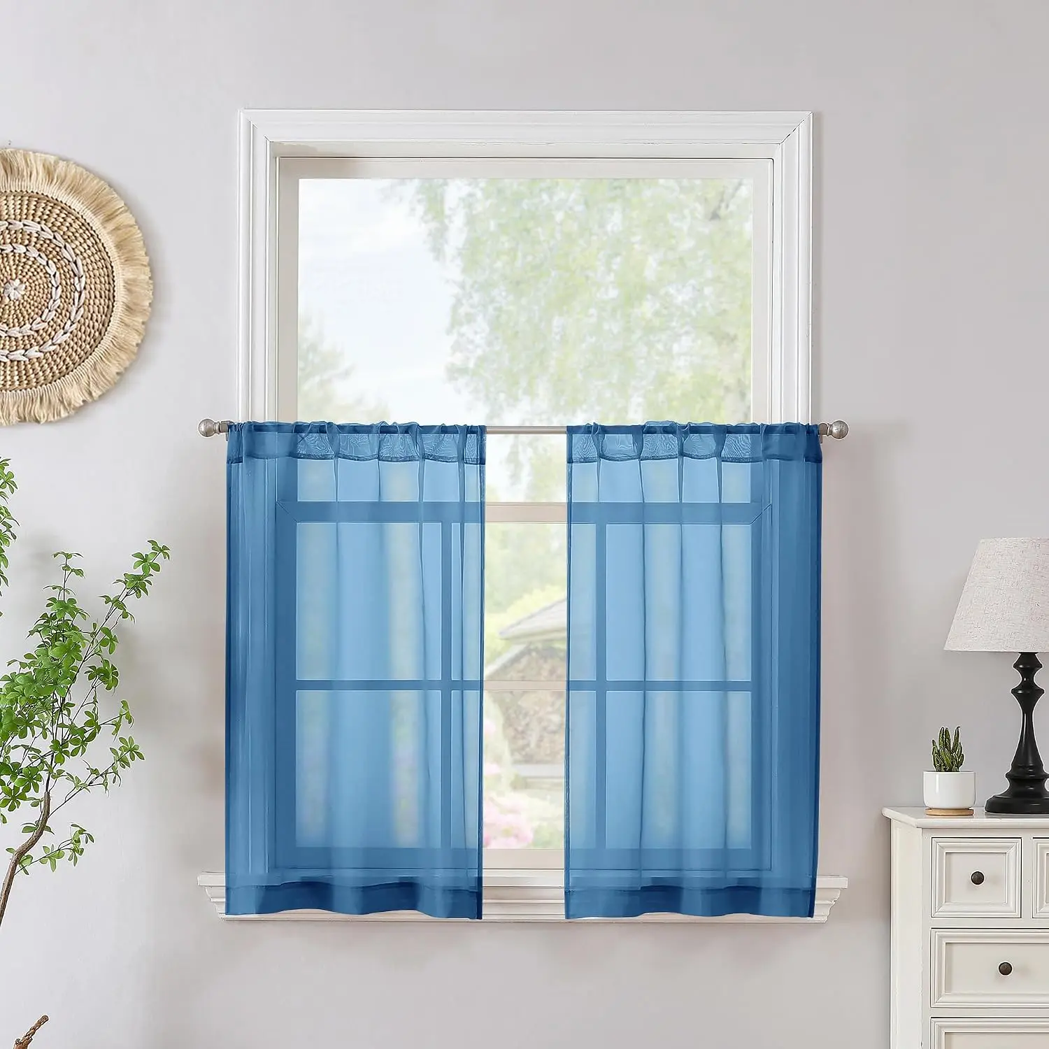 Classic Blue Sheer Tier Curtains Short Kitchen Curtain Tier Rod Pocket Light Filtering Voile Half Window  Drapes for Bathroom, 30 x 24 inches Long, 2 Panels