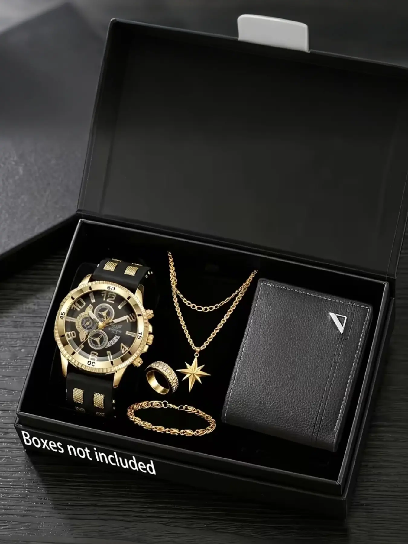 Men's 5-Piece Set - Fashion Quartz Analog Watch, Starburst Necklace, Ring, Bracelet, Wallet, Perfect Gift for Husband, Boyfriend, Son