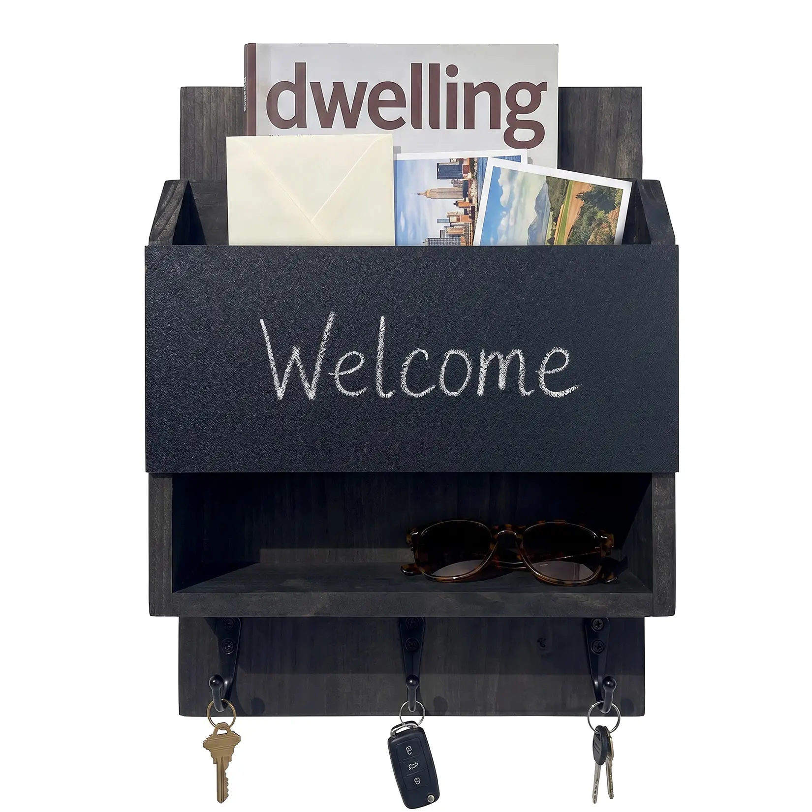 Garvee Key and Mail Holder for Wall with Chalkboard, Wall Mounted Entryway Organizer with Storage Shelf, 3 Heavy Duty Hooks for Keys, Mail, Leashes, Coats, Wallets, and Small Items, Wooden Hanging Rack for Hallway, Kitchen, and Office