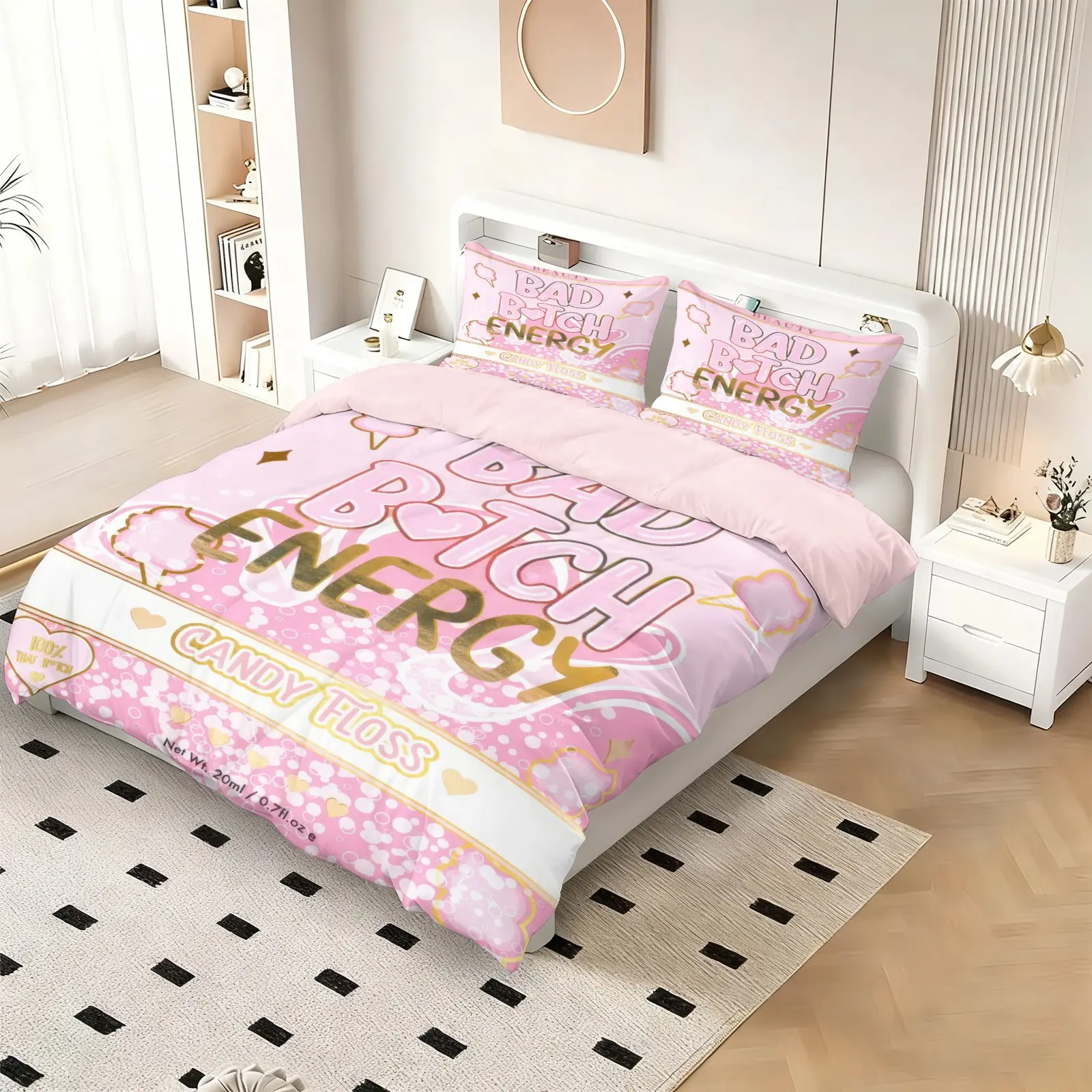 Bad Batch Energy Sweet Cool Print Duvet Cover Set, 1 Duvet + 1-2 Pillowcases, Sweet Pink Y2K Marshmallow with Pink Skin-friendly Lining, Soft Comfortable Bedding for Girl's Bedroom Influencer Space Decor