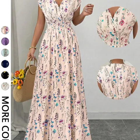 Women's Floral Long Dress, Beach Vacation Style, Casual Wear, Elastic Waist V-Neck Flowy Halter Dress, Elegant Summer, Perfect for Relaxing Days