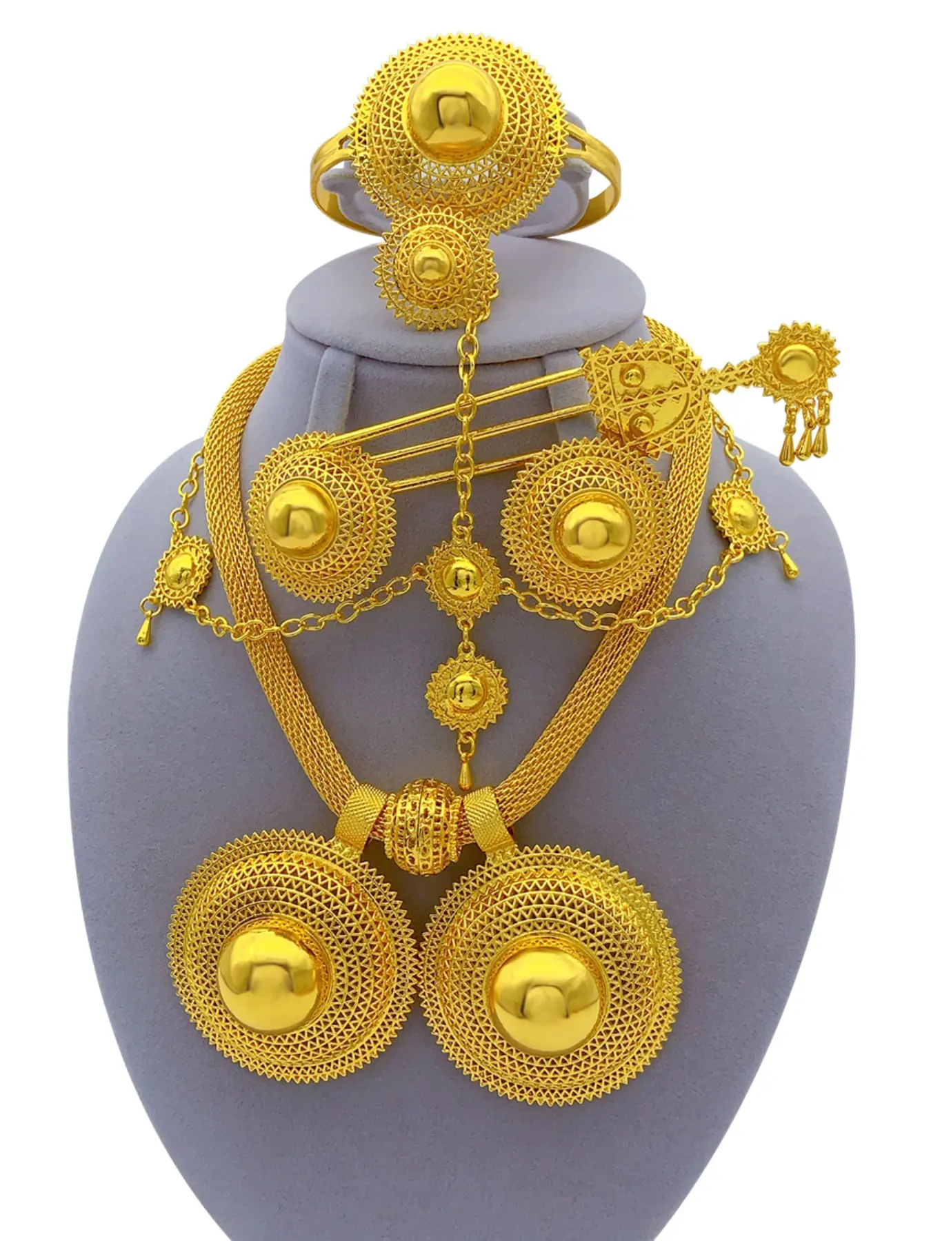6-Piece Ethiopian Jewelry Set for women, Elegant Round Pendant Necklace Bracelet Ring Earrings Hair Accessories, Women's Party Gift Wedding Jewelry Sets for Brides, Bridal Jewelry Set for Wedding