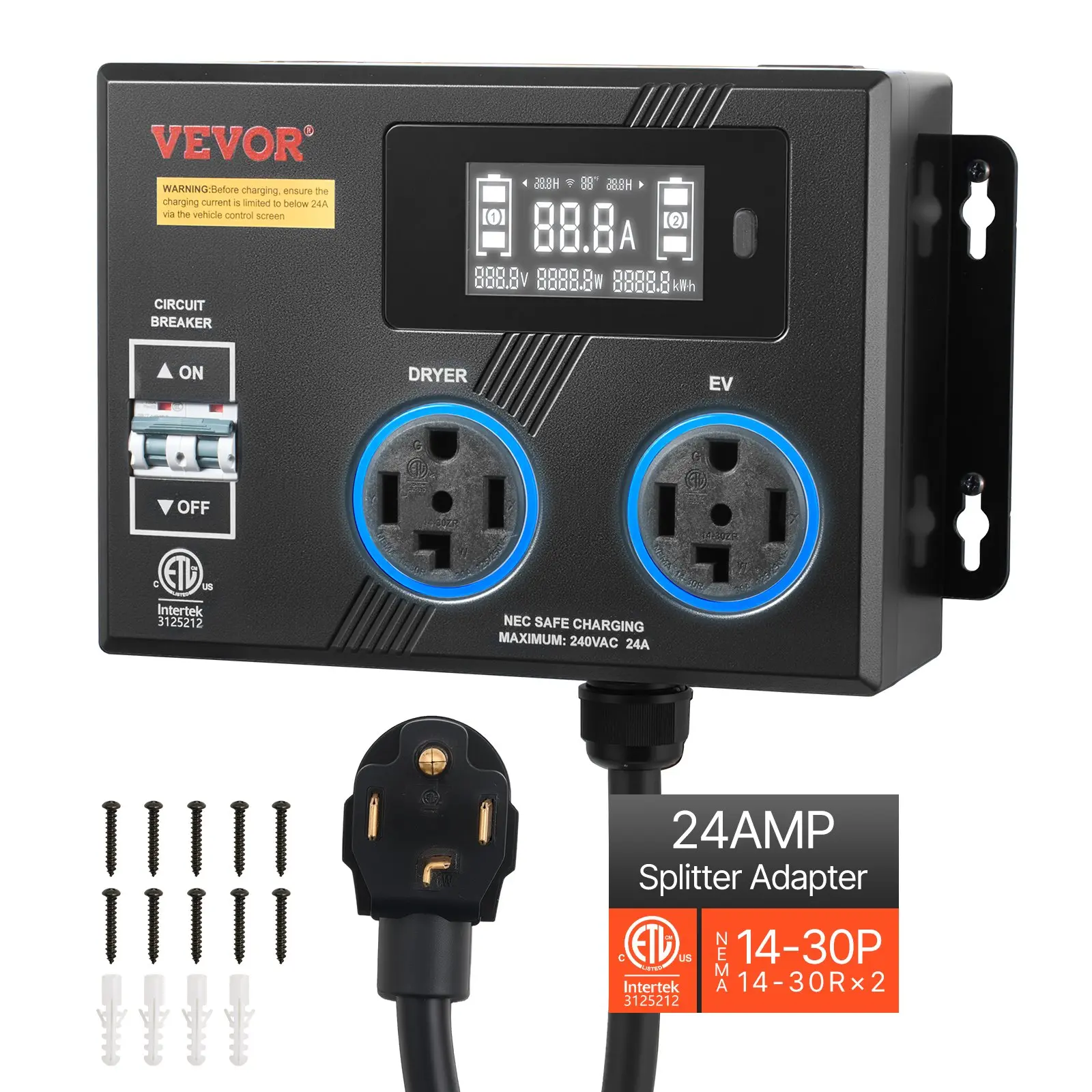 VEVOR Automatic EV Charging Switch, NEMA 14-30 Dryer & EV Charger Splitter, 24A Max 240V Smart Power Distributor with Circuit Breaker, Real-Time Display, ETL Listed for EVs, Ovens