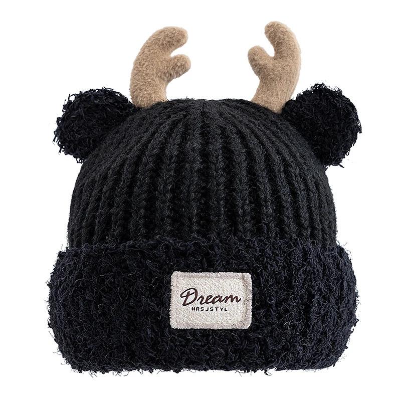Hot Sale Women Cute Plush Fur Warm Winter Hat Young Trendy Knitted Hat With Deer Horn Ear Girls Lovely Elegant Fur Winter Cap
