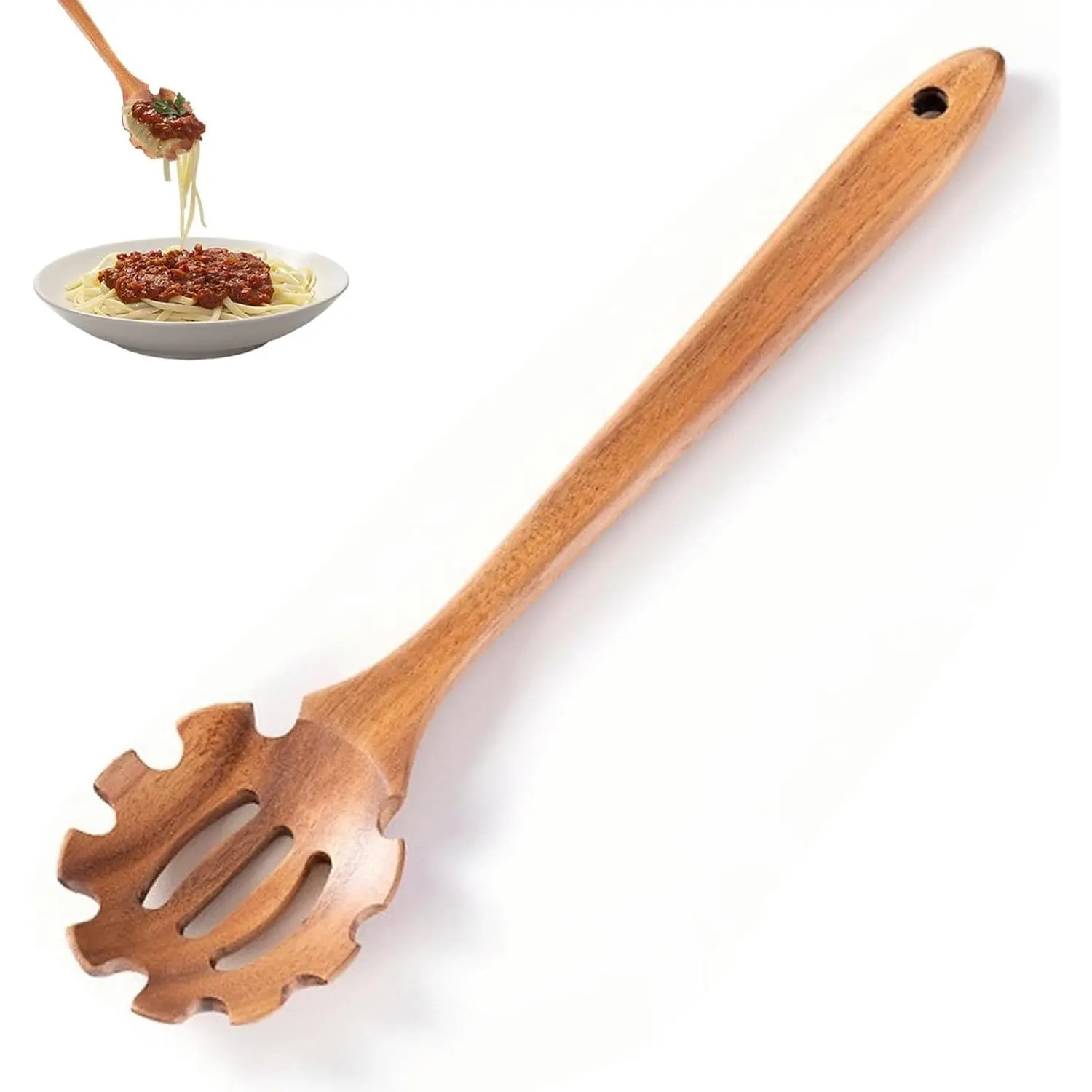 Teethed End Acacia Wood Pasta Spoon - Kitchen Cooking Utensil, Elaborately Polished Spaghetti Server, Noodle Scoop Fork