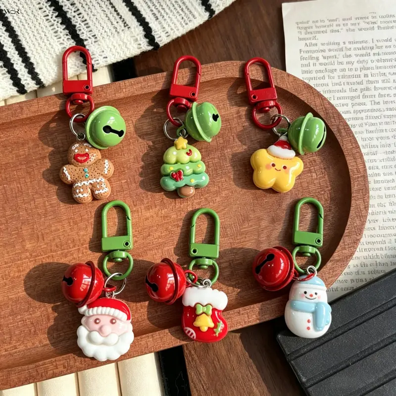 Cute Christmas Keychain with Bell, Resin Santa Snowman Christmas Tree Gingerbread Man Pendant Key Ring, Festive Backpack Purse Charm for Xmas Party Gift for Kids Women