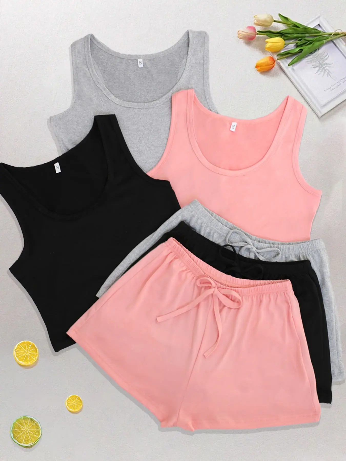 Women's Tank Top and Shorts Pajama Set, 6-Piece Suite with Bow Design, Perfect for Spring and Summer Seasons, Comfortable Sleepwear