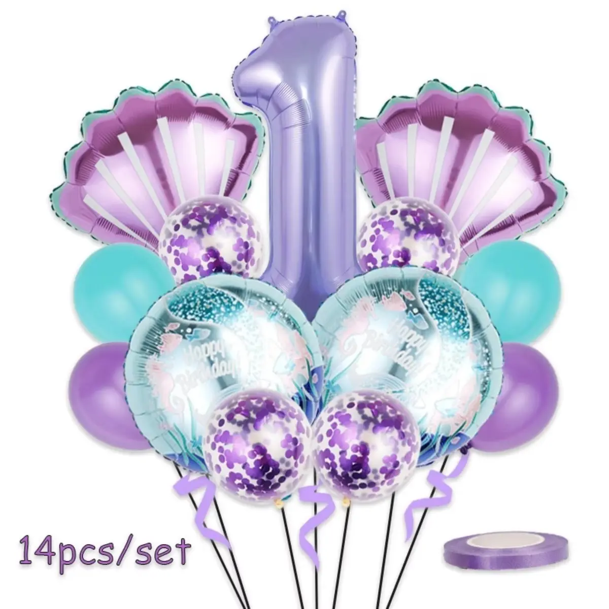 14pcs Mermaid Balloon Set, Cartoon 32-Inch Numbers, Shell Birthday Party, Wedding Anniversary Decoration, Choking Hazard Warning
