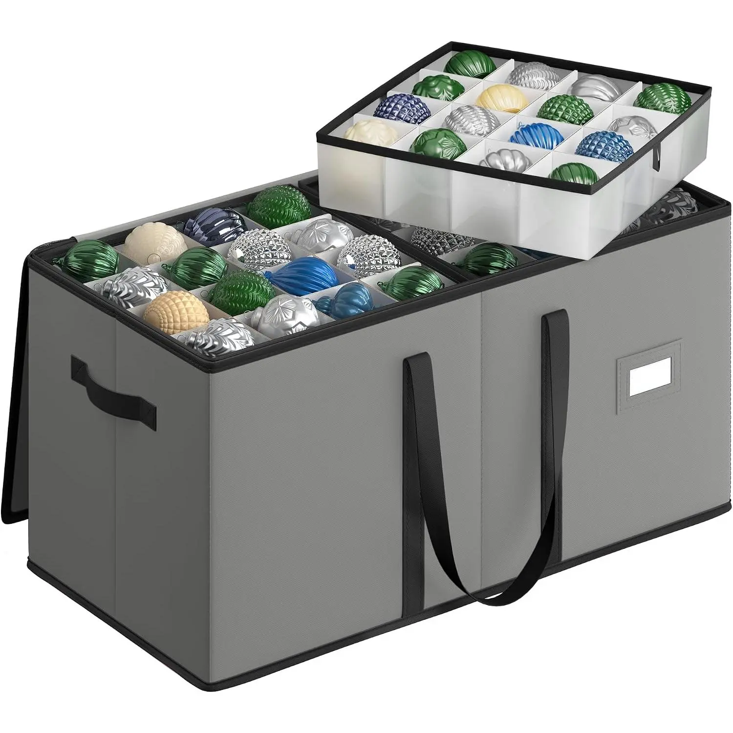 Christmas Ornament Storage Box,  Zippers, Stackable Christmas Storage Container with Lid, 8 Trays, 600D Oxford, 3-Inch 128 Slots,  Gray URFB035G01