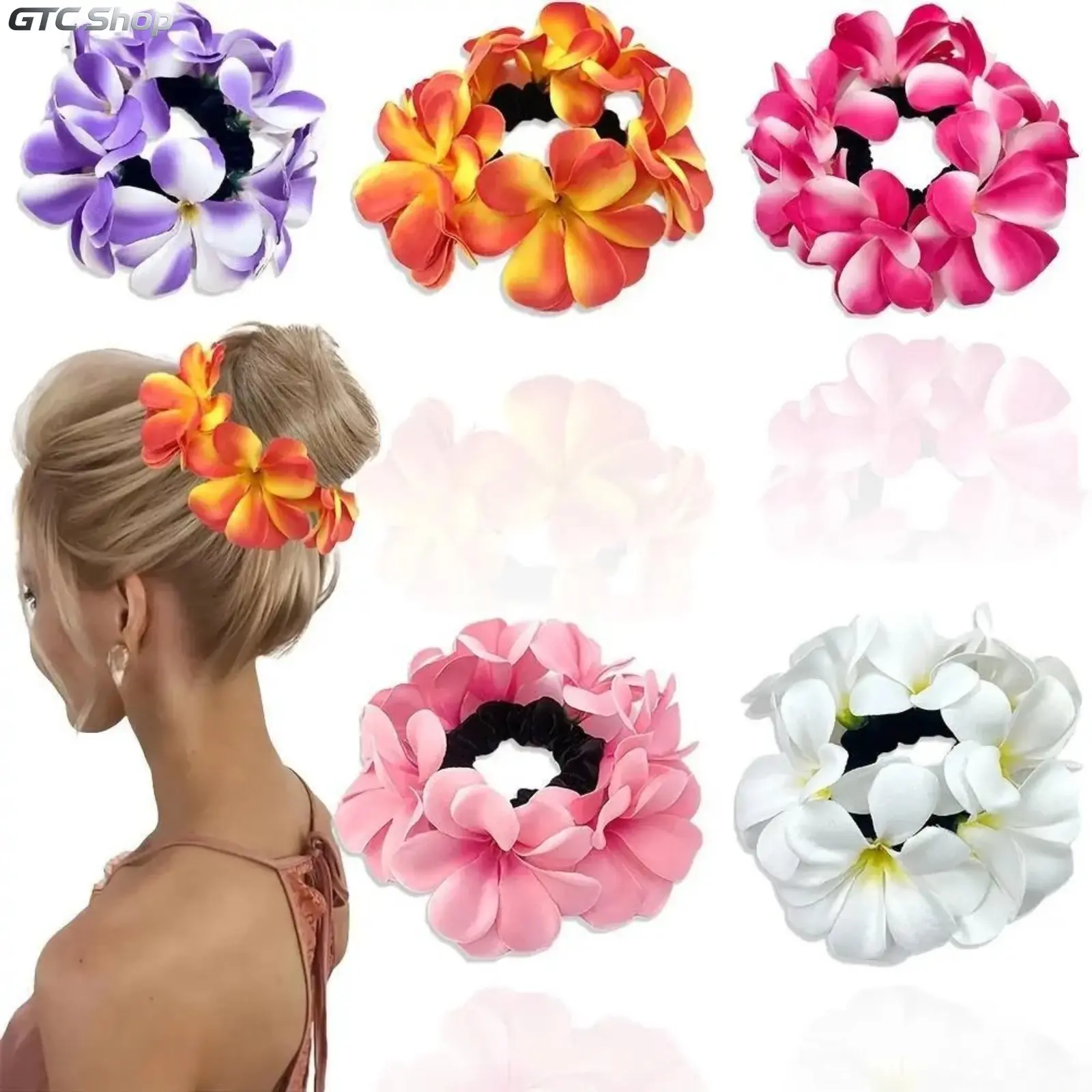 Women's 5-Piece Mixed Color PVC Hawaiian Plumeria Flower Scrunchies - Colorful Hair Ties, Tropical Boho Hair Accessory for Beach Vacation, Resort Wear, Beachwear