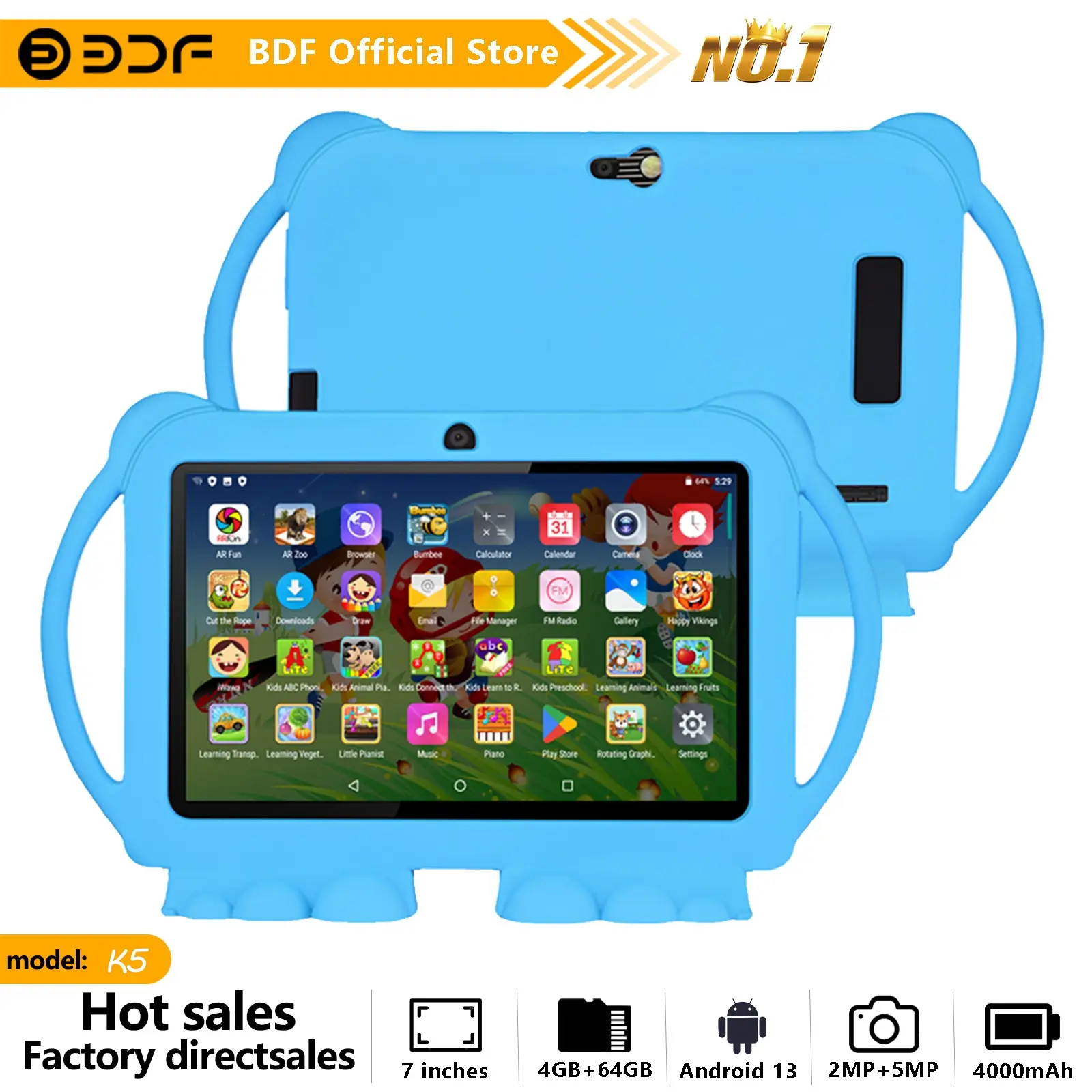 Kids Learning Tablet, 7-Inch Android 13, 4GB RAM, 64GB Storage, Quad-Core Processor, HD Screen, Dual Cameras, Long Battery Life