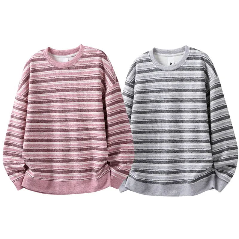 Men's Horizontal Stripes Crewneck Sweatshirt - Textured Soft Knit Fabric, Relaxed Dropped-Shoulder Silhouette, Ribbed Cuffs & Hem, Ribbed Edges, Muted Neutral Tones for Vintage Casual Daily Outfits #sohochic, Horiz Strips