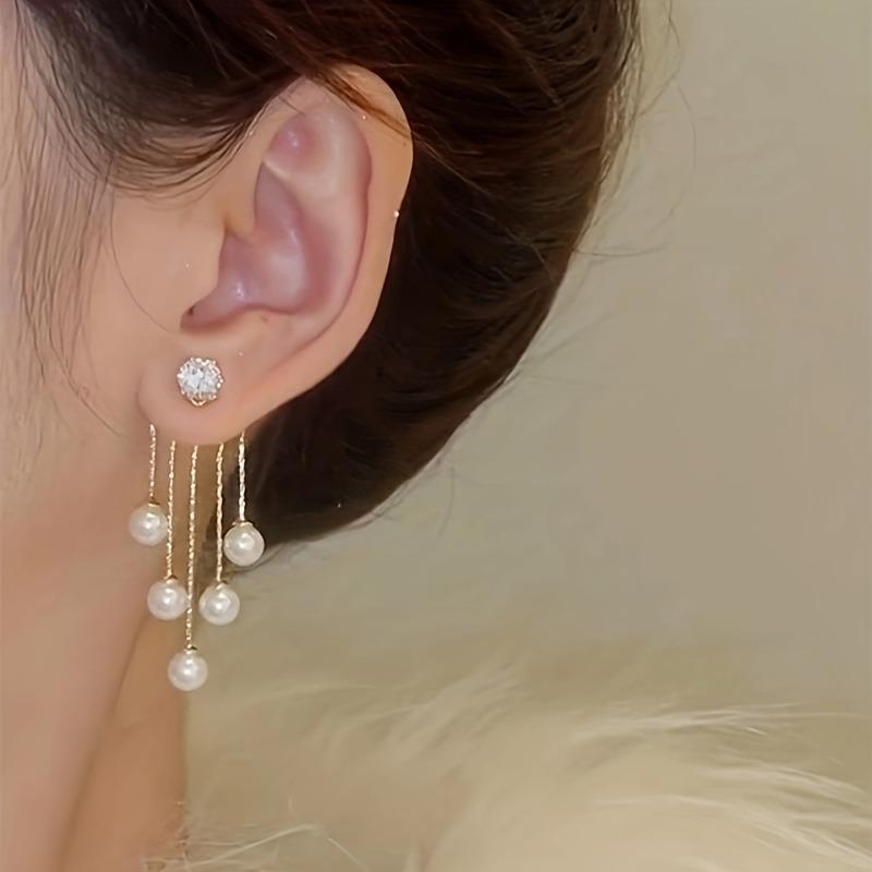 1 Pair Faux Pearl Dangle Earrings, Drop & Dangle, Shiny Zirconia Accents, Elegant Ear Jackets, Banquet-inspired Style, Decorative Tassel Details, Hypoallergenic, Nickel-free, for Formal Occasions, Earrings for Fashion, Decoration