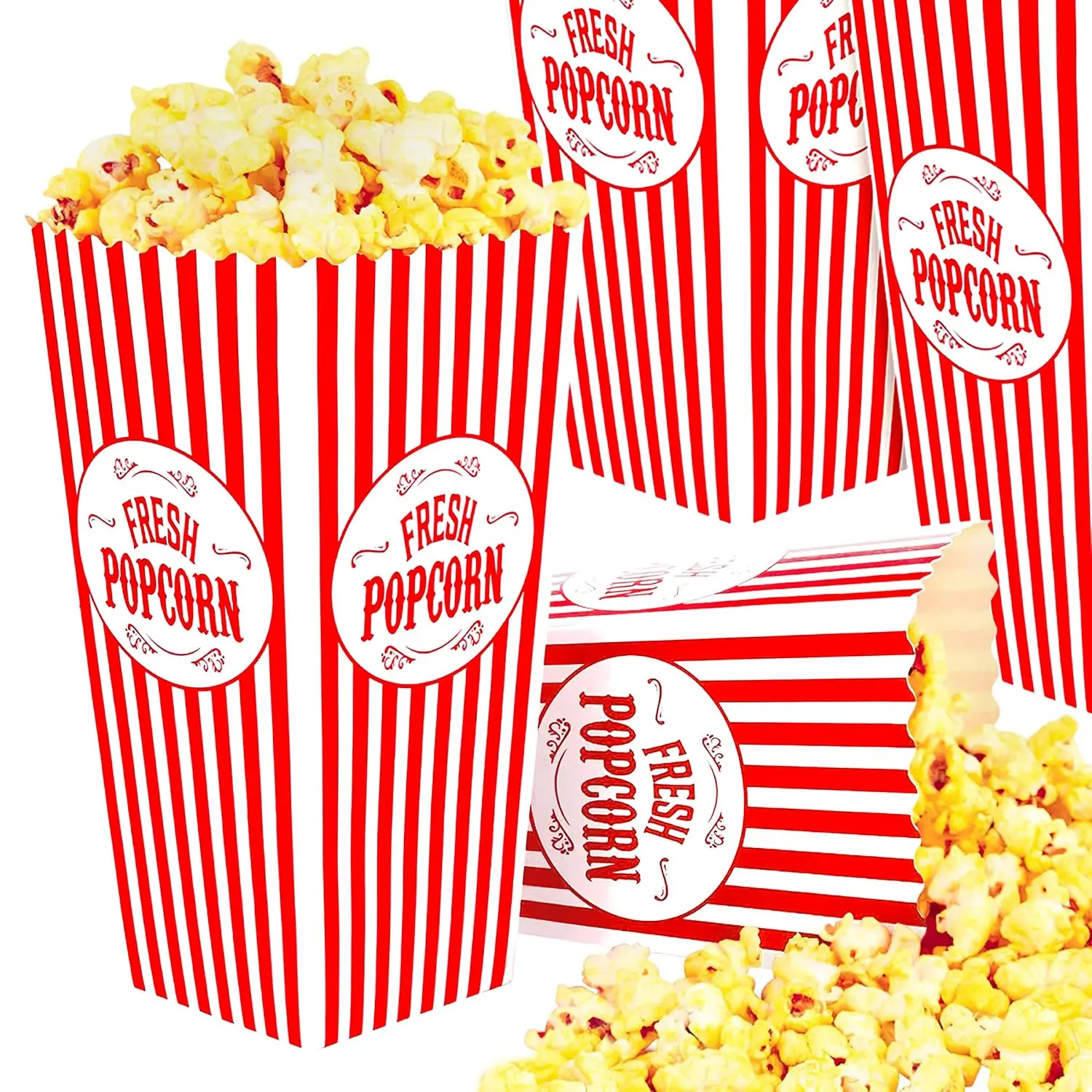 [50 Pack] Movie Theater Popcorn Boxes Disposable Red & White Striped - 46 oz Capacity -  Snack Box Concession and Carnival Party Supplies, Individual Popcorn Bucket Containers