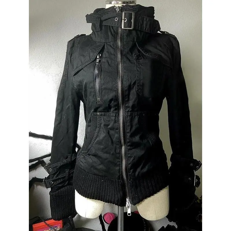 Harajuku Vintage Safari Coats with Hooded Women Zipper Sweatshirts Casual Streetwear Grunge Jacket Y2k Stand Neck Aesthetic Check
