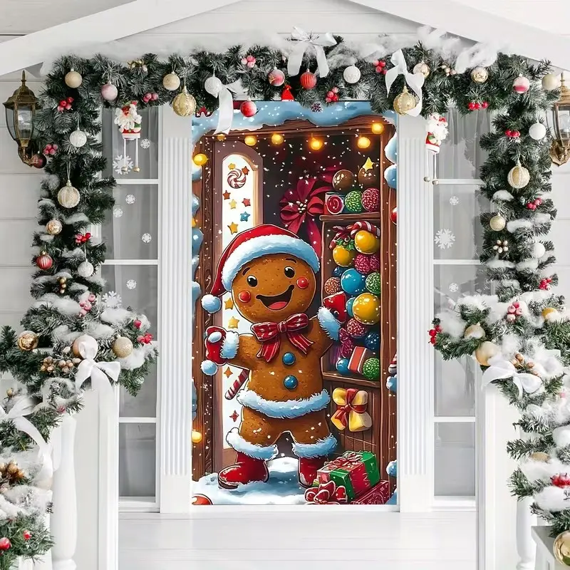 2D Flat Door Banner, Gingerbread Man Christmas Door Cover, Polyester Holiday Decor, Indoor Outdoor Seasonal Decoration, No Power Needed