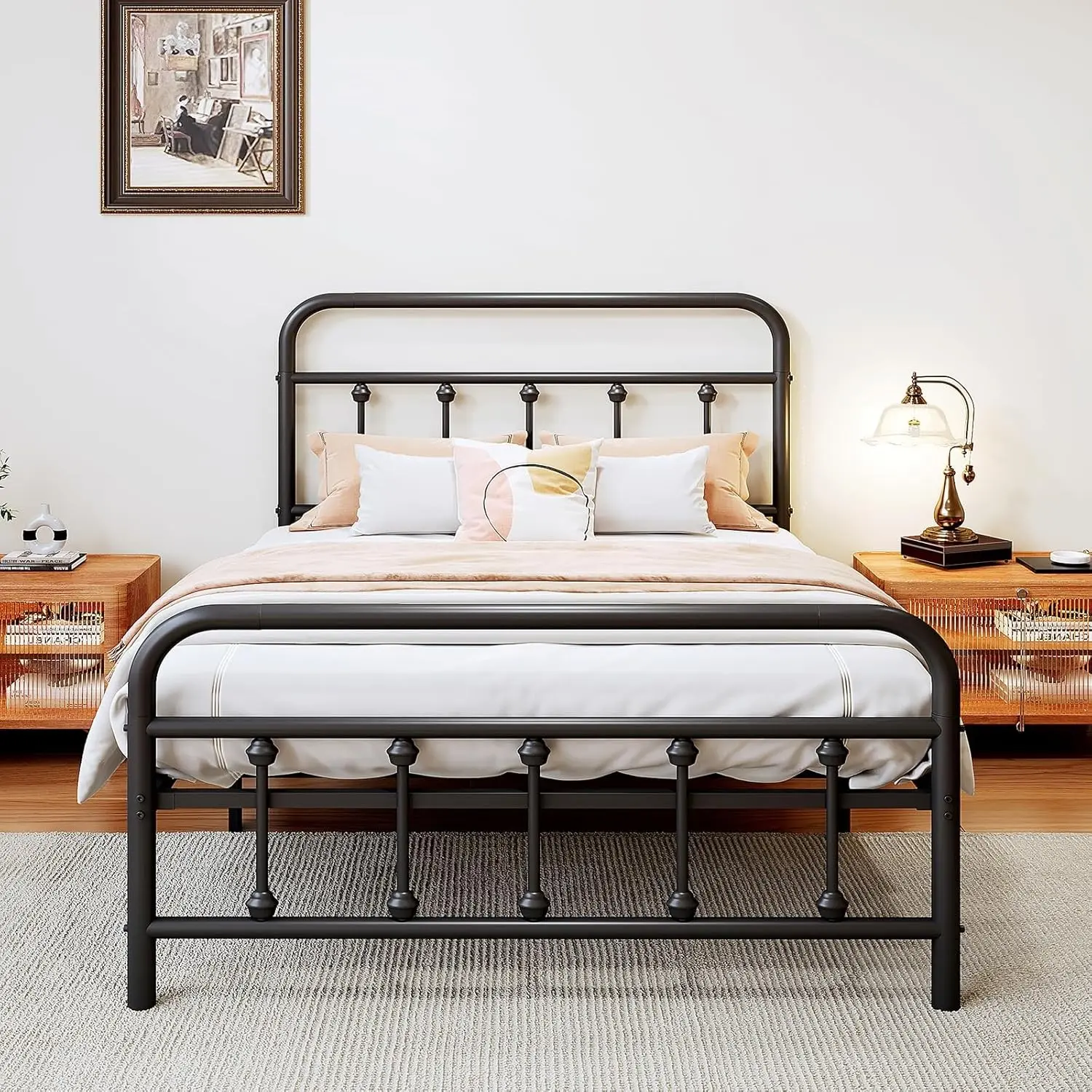 Twin Fit Heavy Duty Metal Bed Frame with Victorian Wrought Iron Headboard & Curved Ends Footboard, Black, 14" Platform, Steel Slat Support, Noise-Free, No Box Spring Needed, Easy Disassembly & Transport, Metal Frame